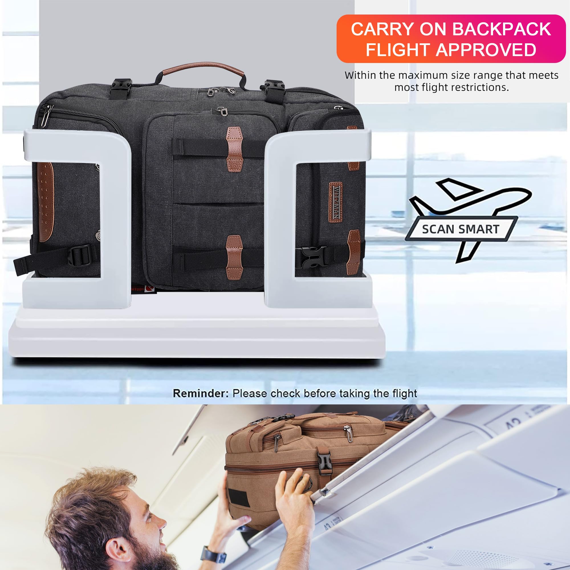 WITZMAN Canvas Reiserucksack Herren 40L Vintage 3-in-1 mit Laptopfach | USB-Anschluss, mehrere Fächer und flexible Tragemöglichkeiten, ideal für Reisen, Arbeit und Kurztrips, A8013 Schwarz