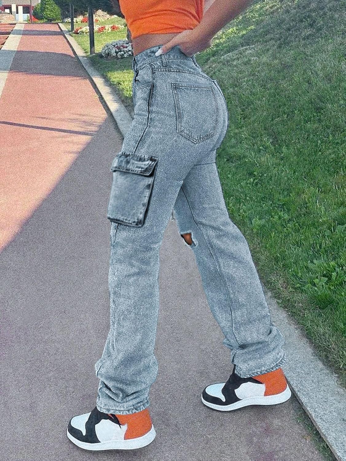 Women's Distressed Ripped Cargo Jeans High Waisted Straight Leg Denim Pants - Image 2