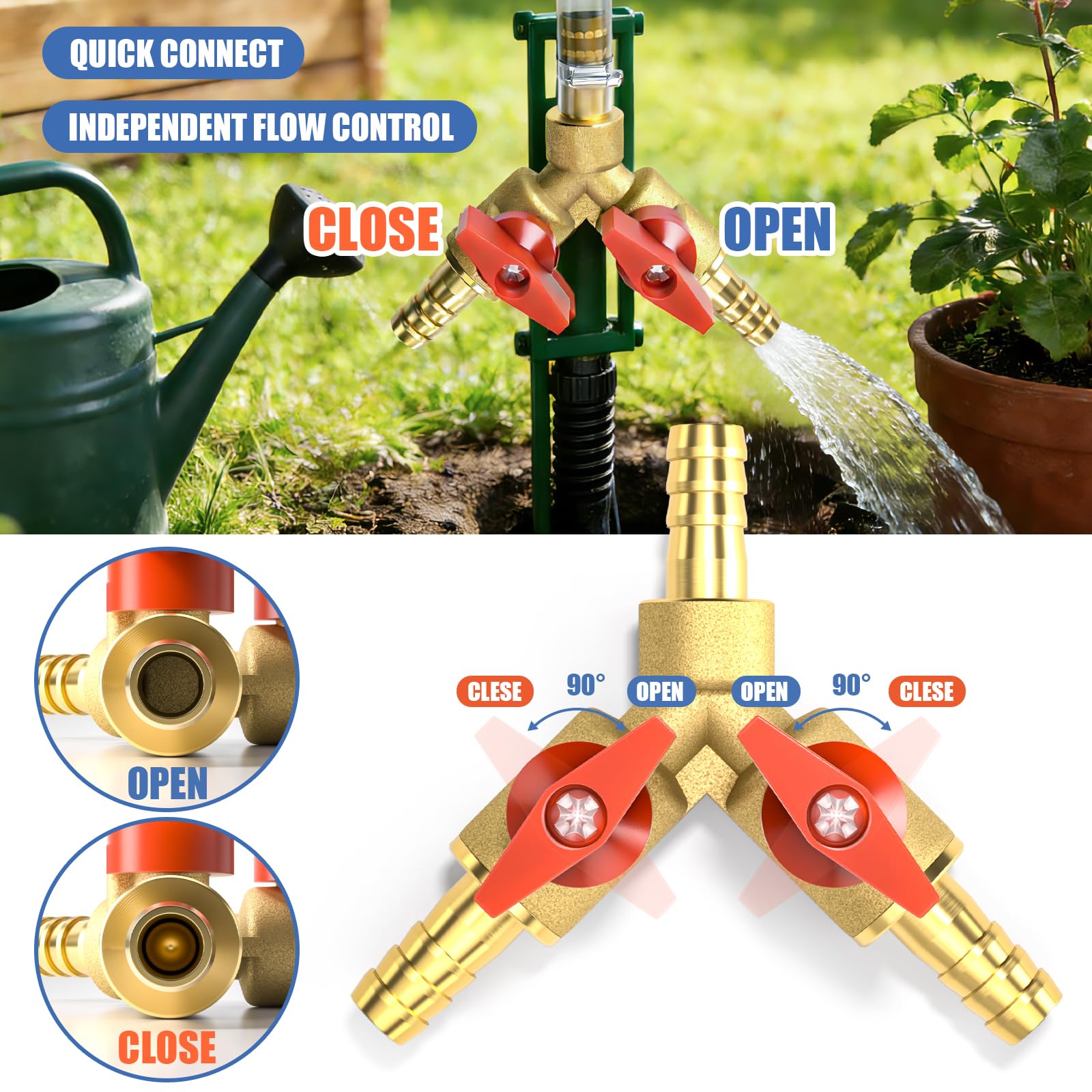 Bwintech 2 válvulas de bola de latón de 3 vías de 8 mm, forma de Y, 2 interruptores de válvula de cierre con 6 abrazaderas de manguera