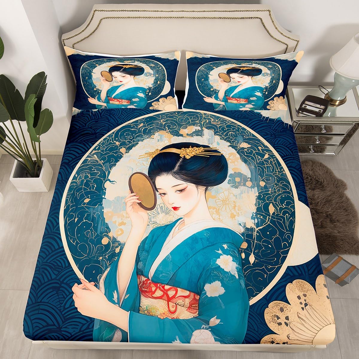 jejeloiu Japan Geisha Bed Sheets Set Full Size Kids Traditional Architecture Bedding Set for Boys Girls Teens Japanese Style Fitted Sheet Room Decor