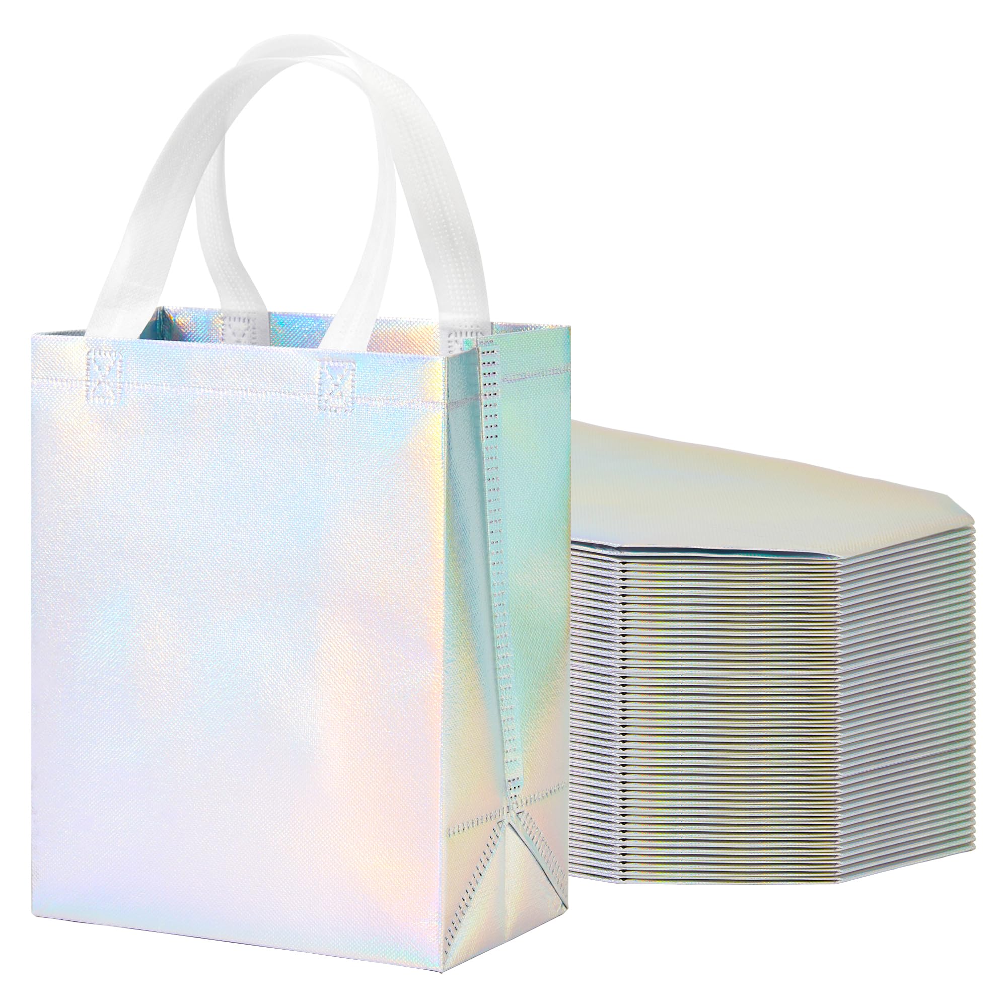 METAPRINT 15 Pcs Iridescent Glossy Gift Bags Medium Size, 8x4x10 Inch Holographic Reusable Gift Bags with Handles & Sturdy Base, Ideal for Birthday, Wedding