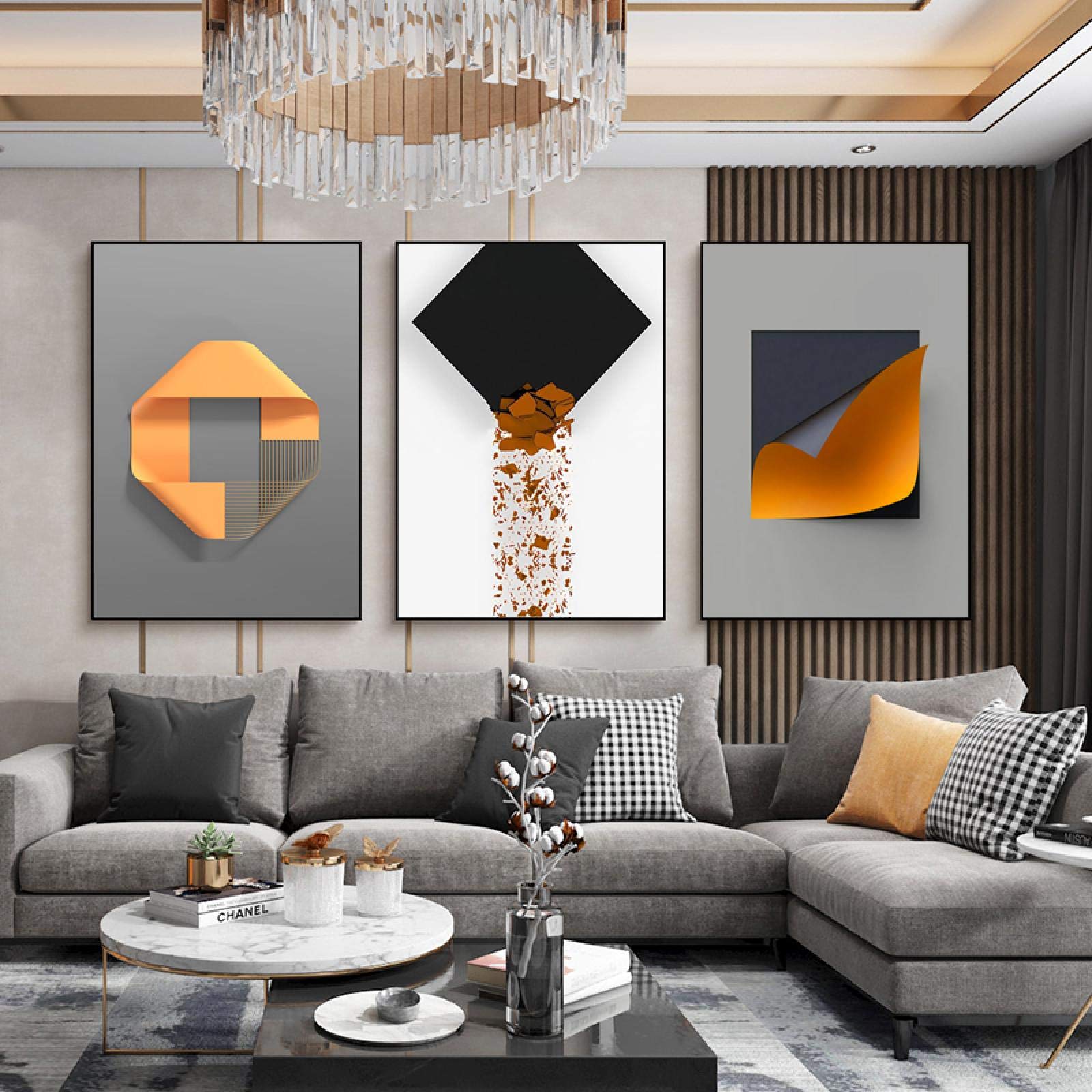 LoveHouse Abstrakte Wandkunst – 3-teiliges Set In Orange & Grau Für Wohnzimmer & Bad