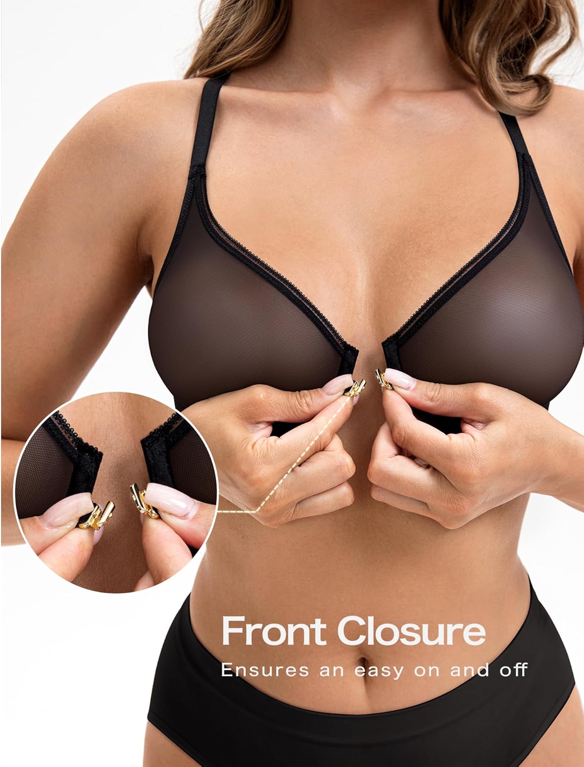 Deyllo Women's Front Closure Sexy See-Through Underwire Bra Sheer Unlined Racerback Bra for Everyday(Black,40 C) - Image 3