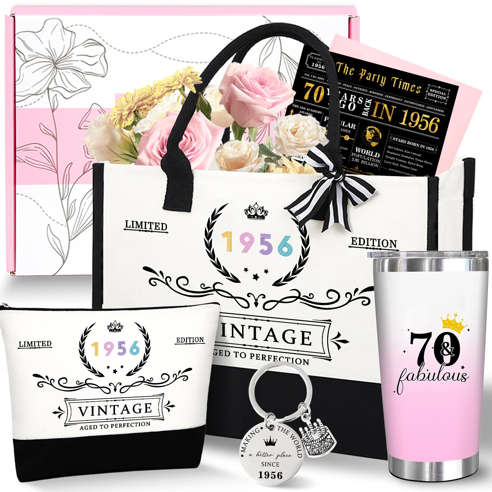 Zyphoria Women's 1956 70Th Gift 70Th 1956 Birthday Gifts For 70 Year Old Birthday Fabulous Gifts For Cool 70Th Canvas Tote Bag Gift For Woman, Turning 70 Cup Gift Basket For Her Mom Sister Wife Grandma