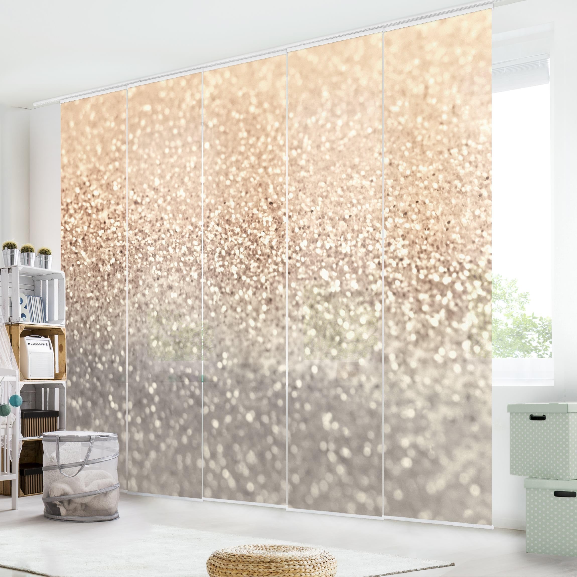 Schiebegardine halbtransparent 60er Paneel Klett Muster Textil lichtdurchlässig - Motiv Modern Flächenvorhang Gold Wohnzimmer Schlafzimmer 2350 (300x250 cm - 5er Set)