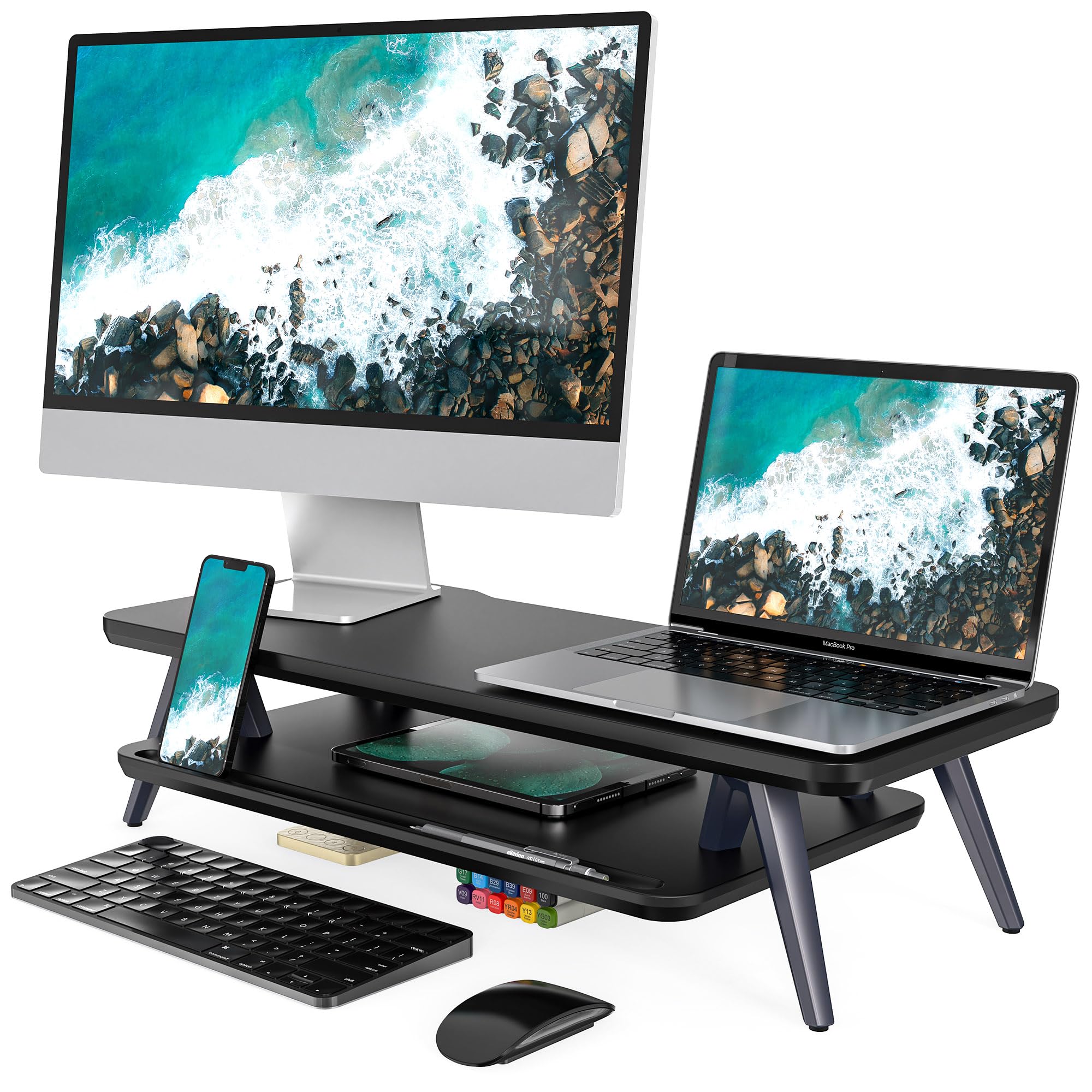 Soporte Monitor Fenge con Ranura para Smartphone, Tableta y Bolígrafo, Elevador de Escritorio Madera y Metal, 60cm Negro