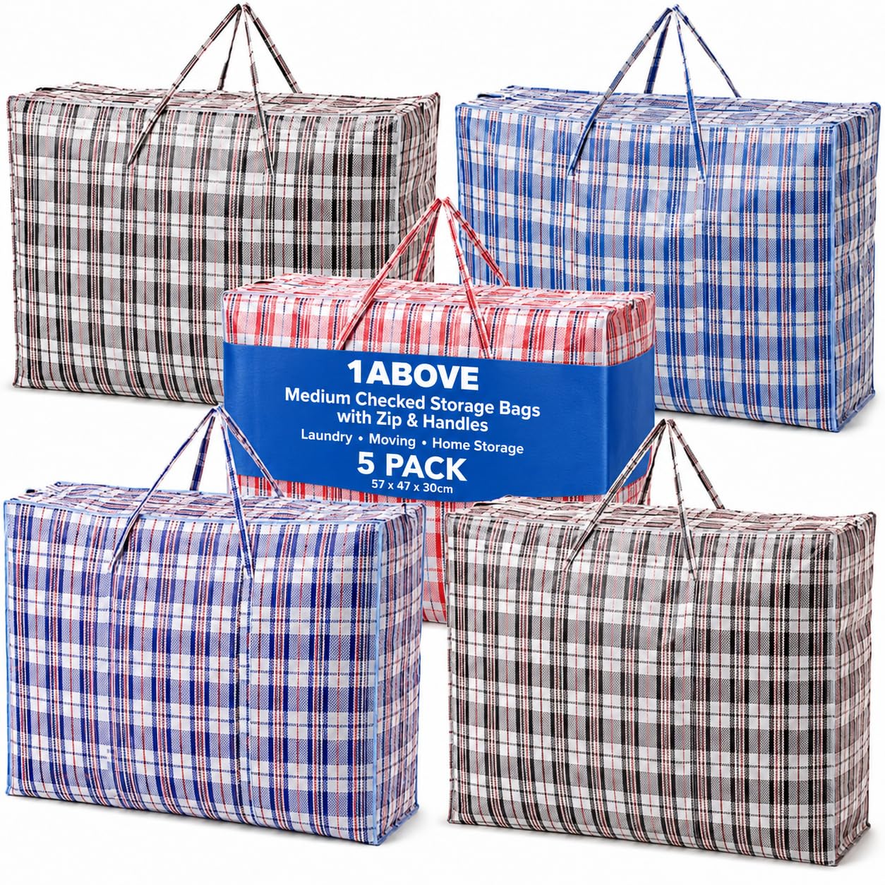 1ABOVE 5 Medium Checked Storage Bags 57 x 47 x 30cm with Zip & Handles