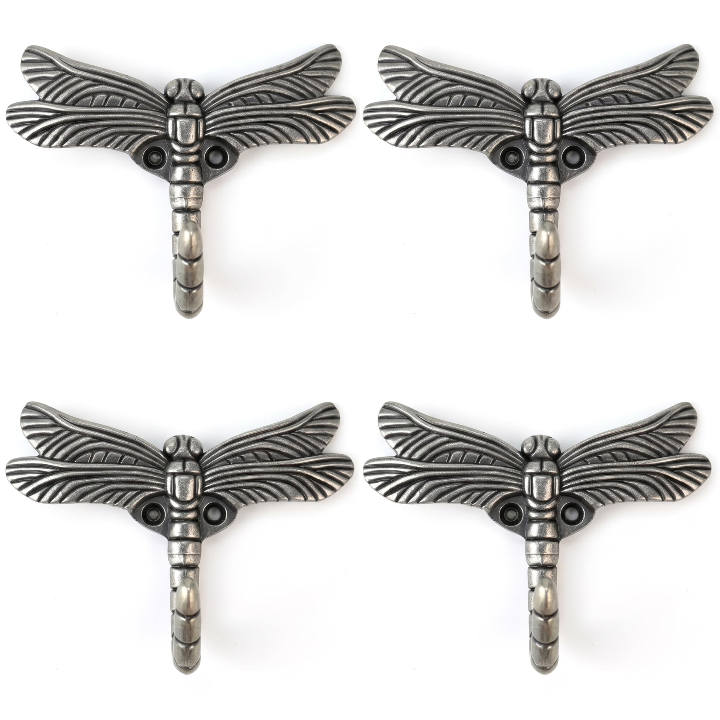 Neptuiby Decorative Hooks, Pack of 4 Dragonfly Decorative Wall Hooks, Zinc Alloy Silver Towel Hook for Hanging Clothes, Hats, Keys.