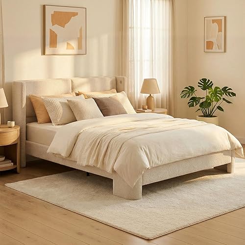 Miniatura 3 de LIKIMIO Base de cama Queen con cabecero, cama de plataforma tapizada Boucle con puertos USB, base de cámaras Queen no necesita somier, color blanco