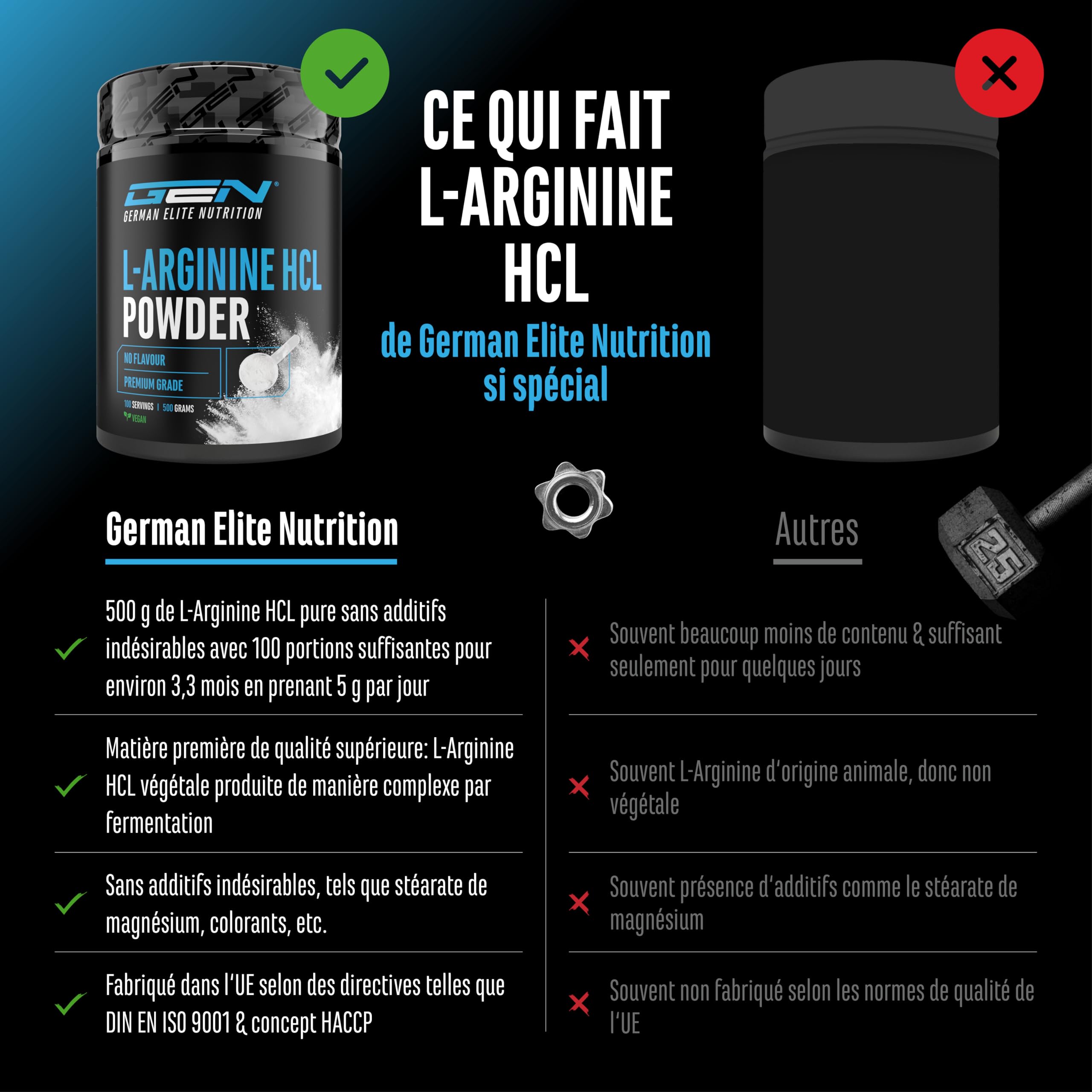 L-Arginine HCL - 500 g en Poudre - L-Arginine Hydrochloride - Premium : Acides Aminés Végétaux - Solubilité optimale - Poudre pure Sans Additifs - Végan