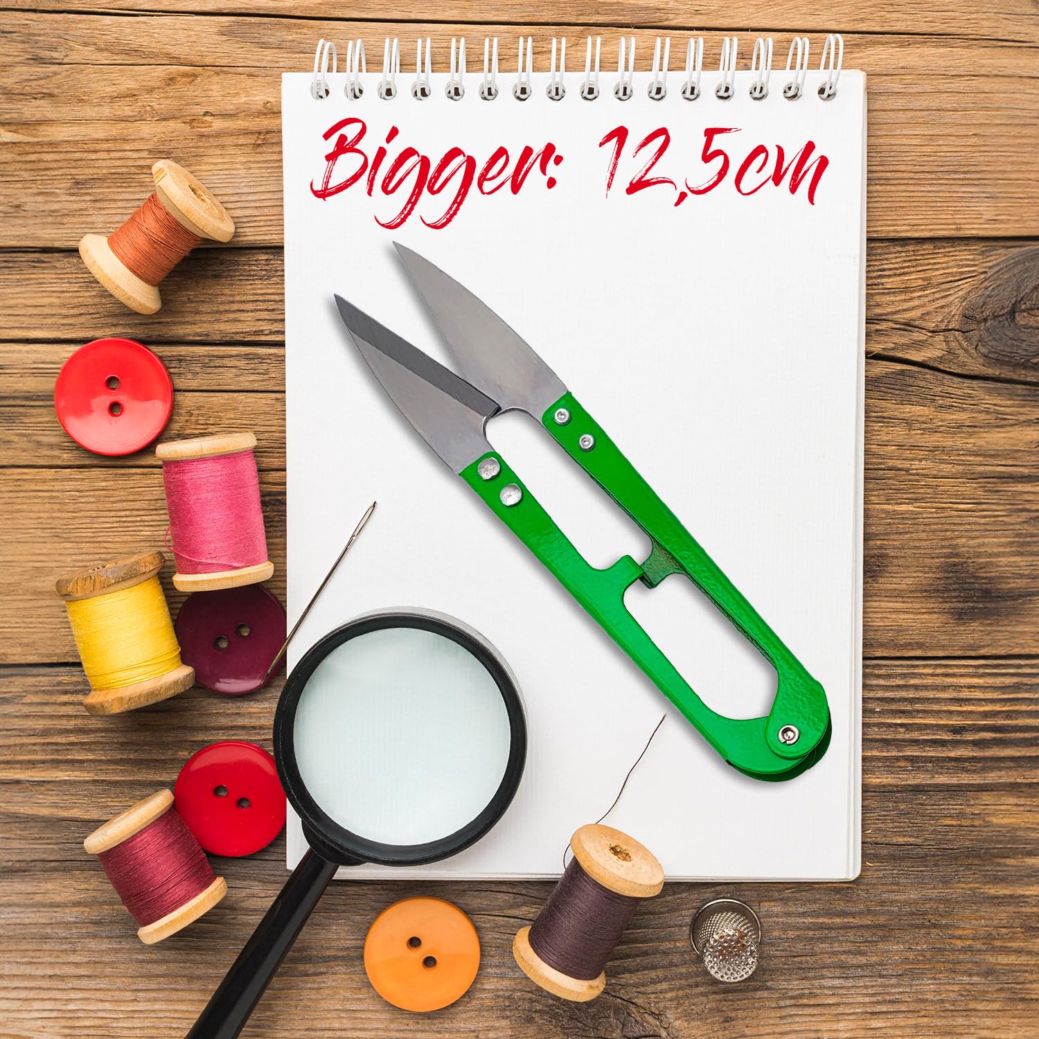 Tailoring Spring Scissors, Size XL 12.5 cm, Professional Metal Sewing Thread Cutter with U-Shape, Precise Cut for Embroidery, Cloth, Threads, DIY, Bonsai, Garden, Plants (Green)