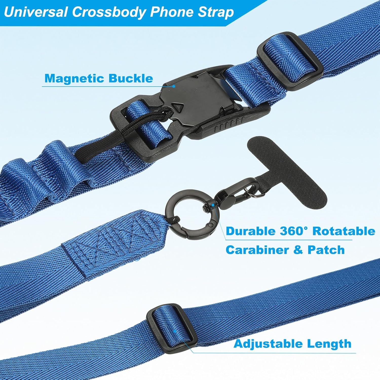 PATIKIL Universal Cell Phone Lanyard, Adjustable Crossbody Phone Strap Magnetic Buckle Polyester Neck Lanyard with Patch for Concerts Gym Travel Secure Hands-Free Carry, Blue