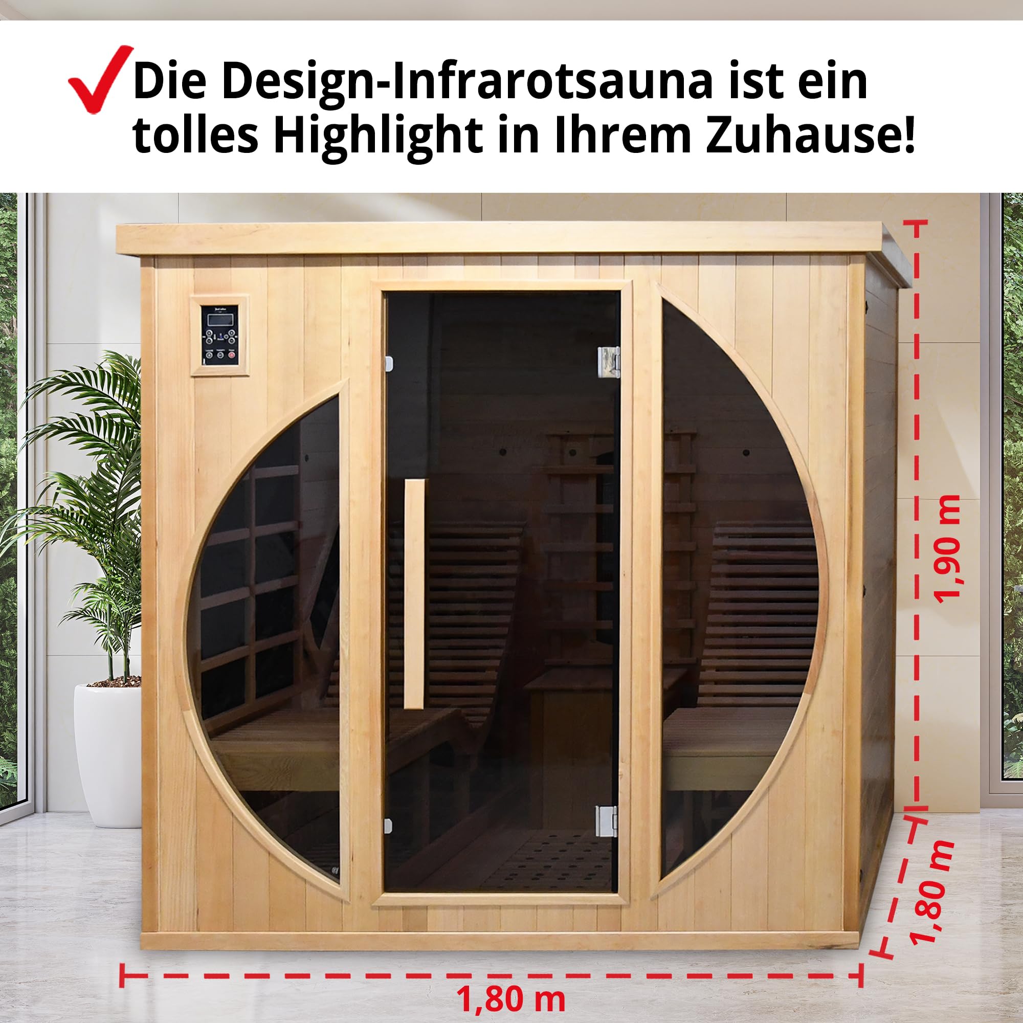 HECHT Infrarotkabine 2 Personen – Sauna mit Keramikstrahlern | 180x180x190 cm Infrarotsauna mit Flächenstrahlern, Farblichttherapie, Relaxliegen, MP3-Player, Radio und Ionisator