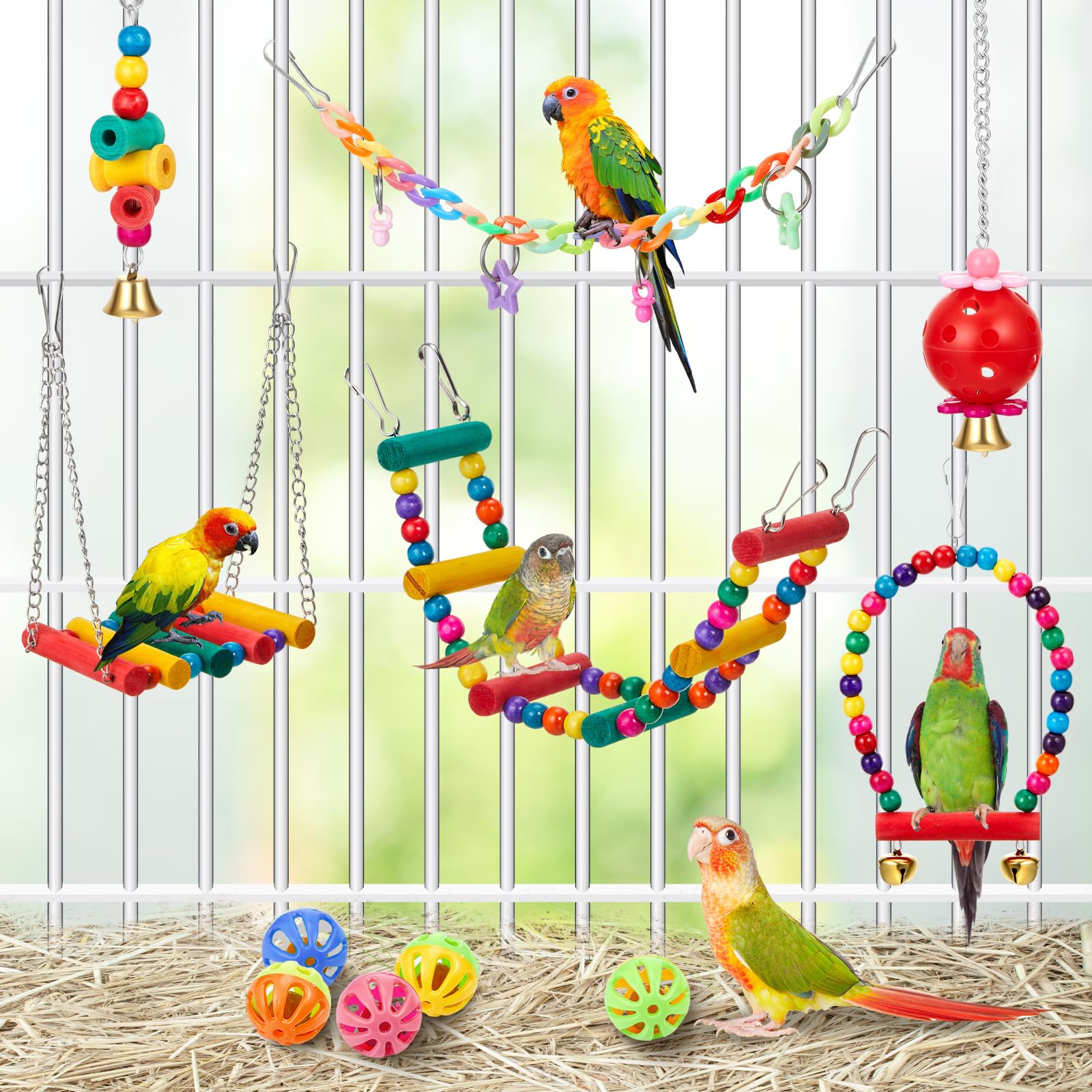 12 piezas de juguetes de columpio para loros y plataforma de madera para pájaros con escalera de escalada, colorido masticable, juguete colgante para periquitos, accesorios para periquitos,