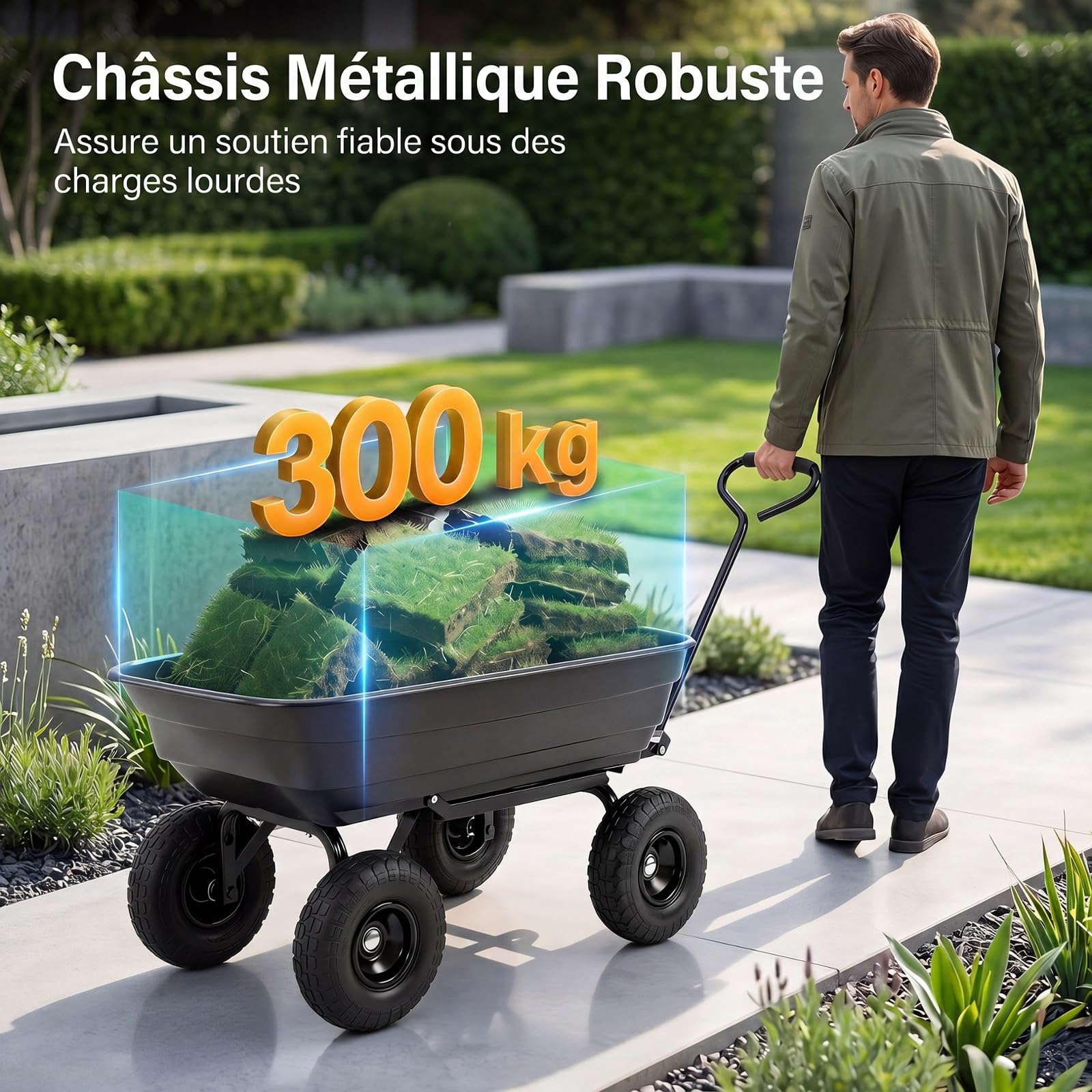 COSTWAY Chariot de Jardin avec Benne Basculante 75 L, Brouette de Transport avec Poignée Réglable 4 Grandes Roues Tout-Terrain Cadre Métallique, Charge 300 kg, pour Terrasse Camping Shopping