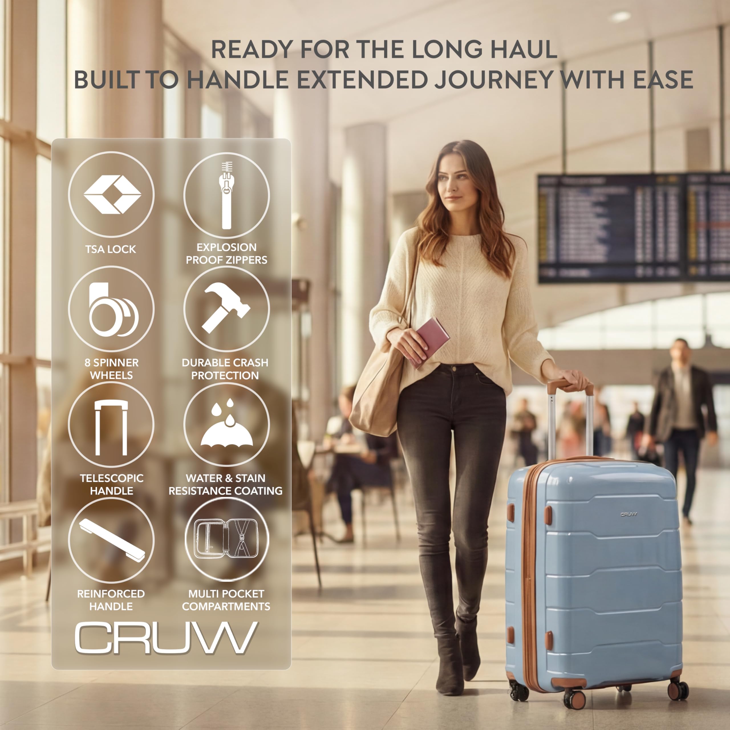CRUW Large 28" Checked Luggage 77x51x32cm + Expandable Hold Baggage (114/121 Liters) Polypropylene Suitcase TSA Approved Lock 8 Silent Spinner Wheels Lightweight Suitcases Airline-Approved Travel