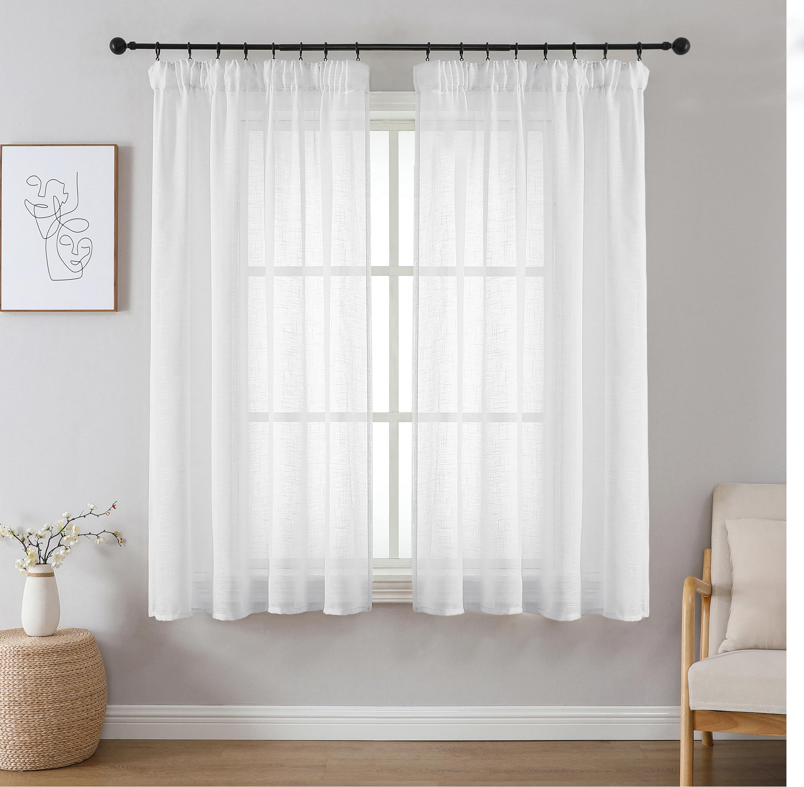 Voilages en lin blanc 140x160cm pour rail de plafond Joydeco