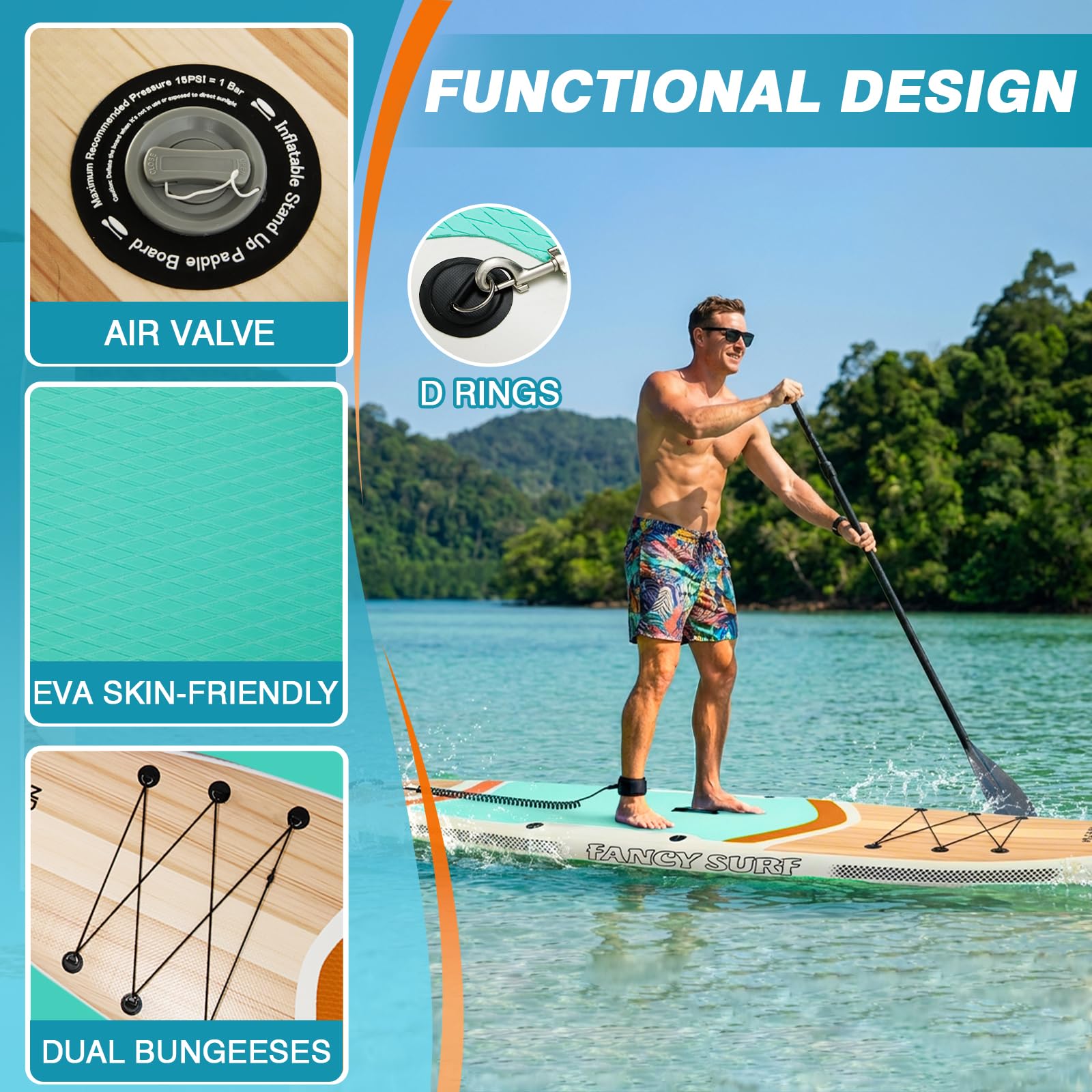 Tavola SUP gonfiabile 351x89 cm 200 kg z pompa, pinne, zaino, custodia impermeabile