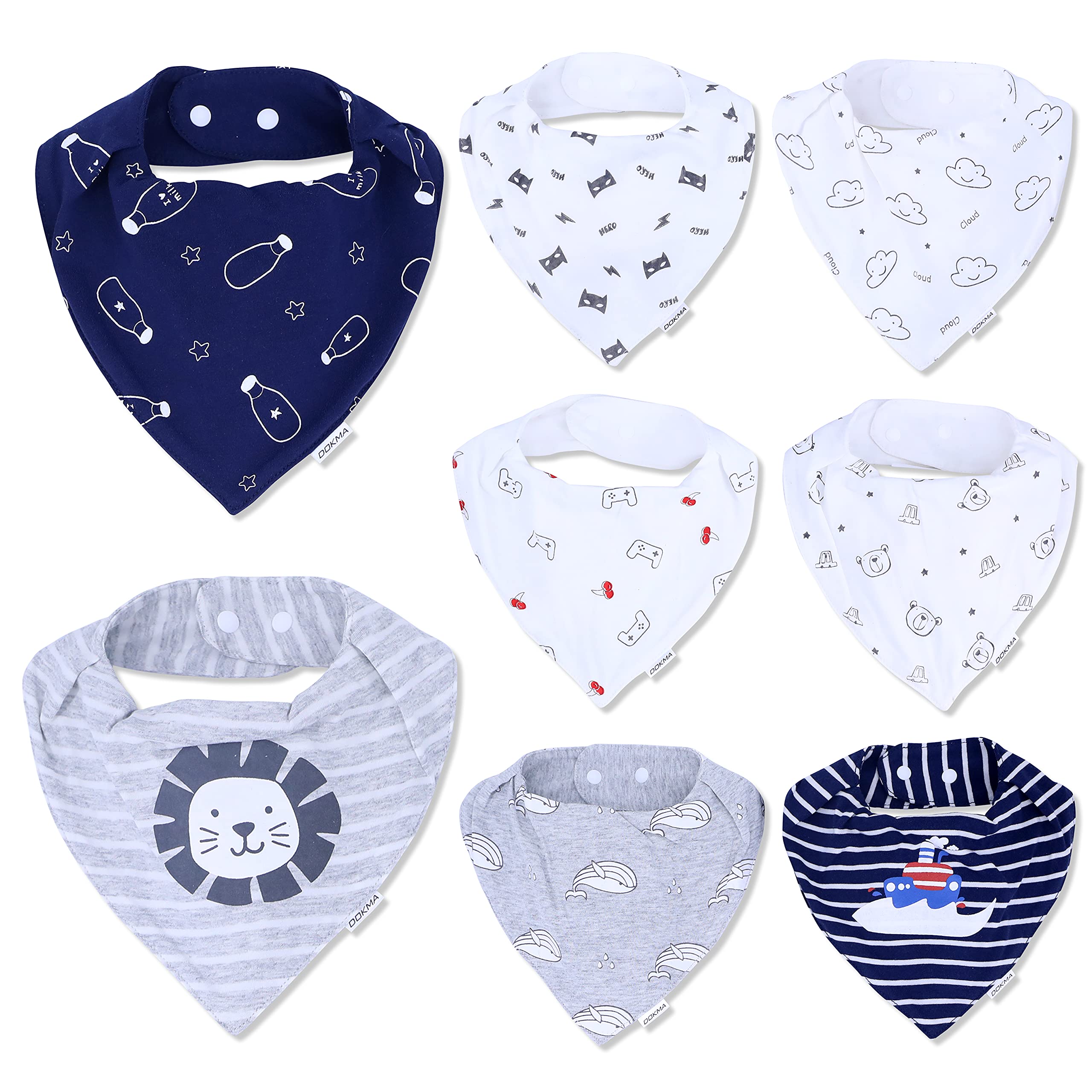 DOKMA Set 8 Organic Cotton Baby Drool Bibs - Bandana Teething Bibs for Baby - Bandana Drool Bibs - Ultra Soft, No Scratch