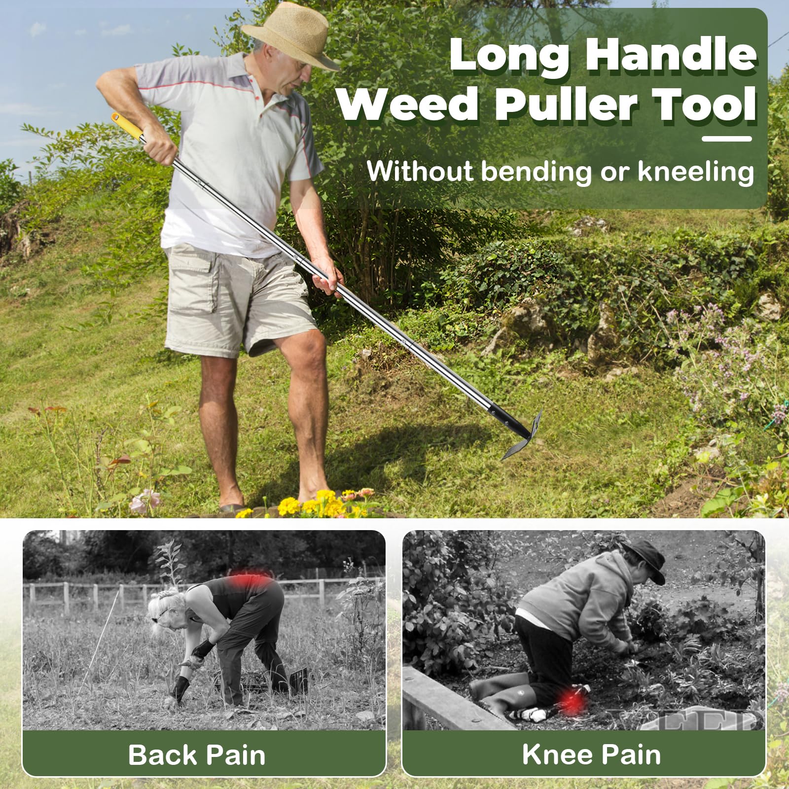 NICOFPHY Herramienta extractora de malezas con mango largo, herramientas manuales de 60 pulgadas para jardinería, rastrillo de malezas de mano 2 en 1 y herramienta de desbrozador de jardín