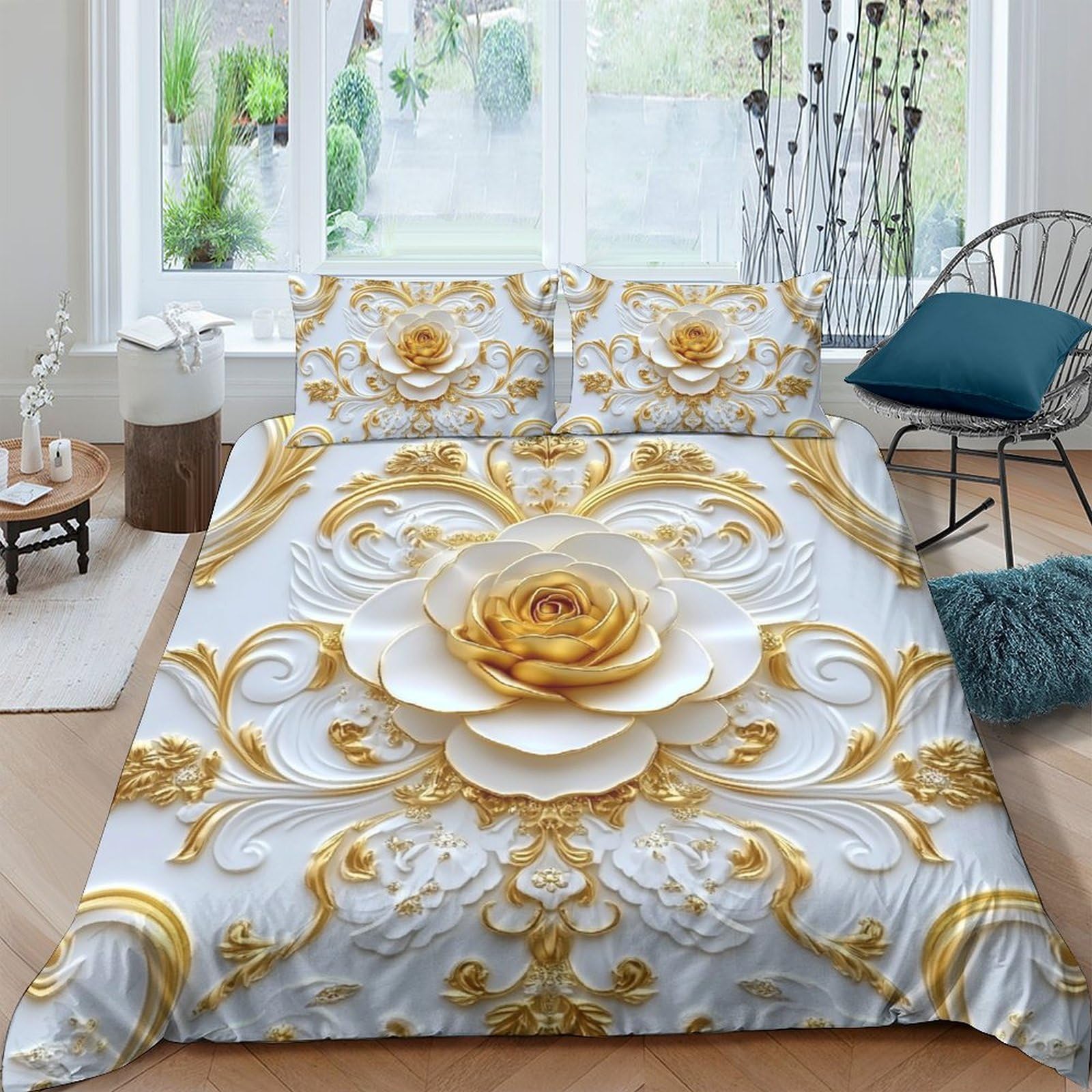 Ctjqhvkz Style-4 3D Printed Baroque Gold Floral Fitted Sheet Microfiber Soft Mattress Cover For Bedroom Guest Room Decorative Protection Single（135X200cm）