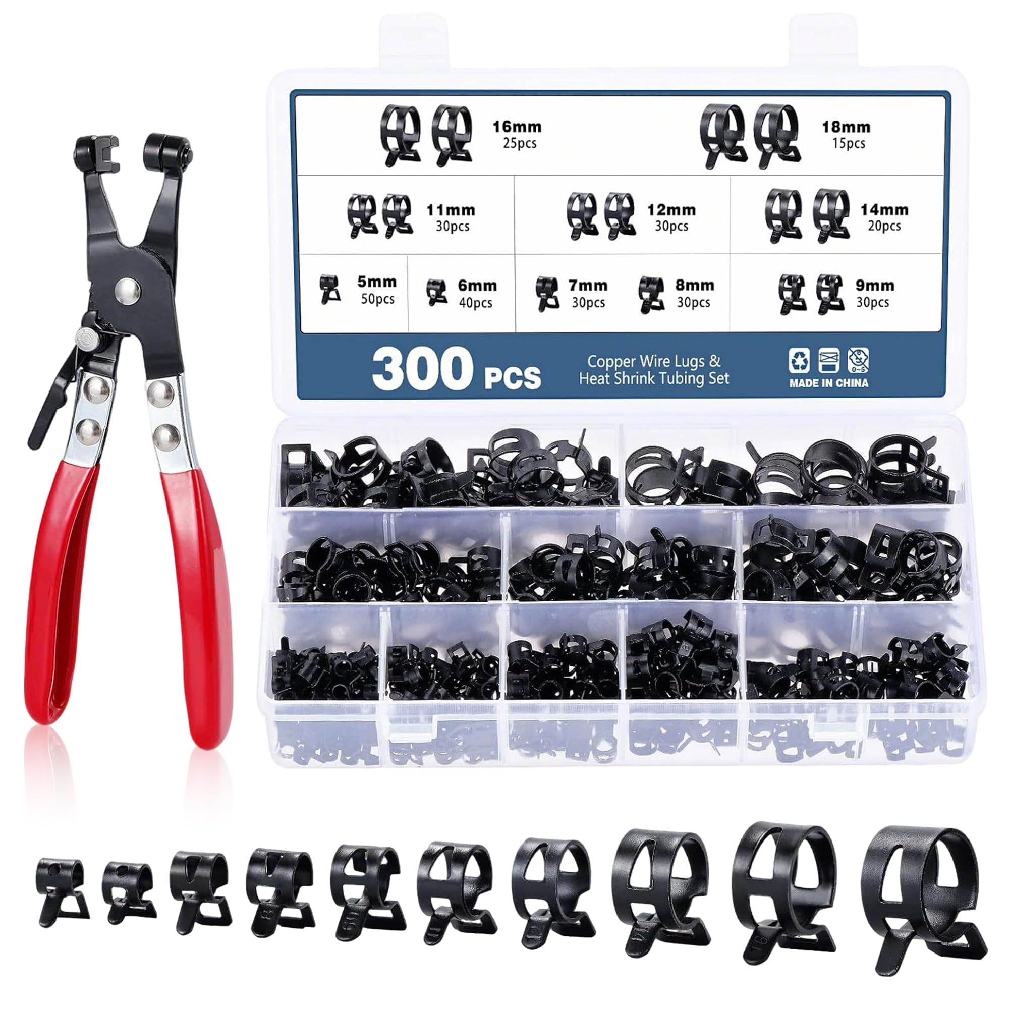 300 Stück Schlauchschellen Set KFZ: Schlauchklemme Federbandschellen 5-18mm mit Einer Schlauchklemme Zange Kraftstoffleitung Reparaturset 10 Größen