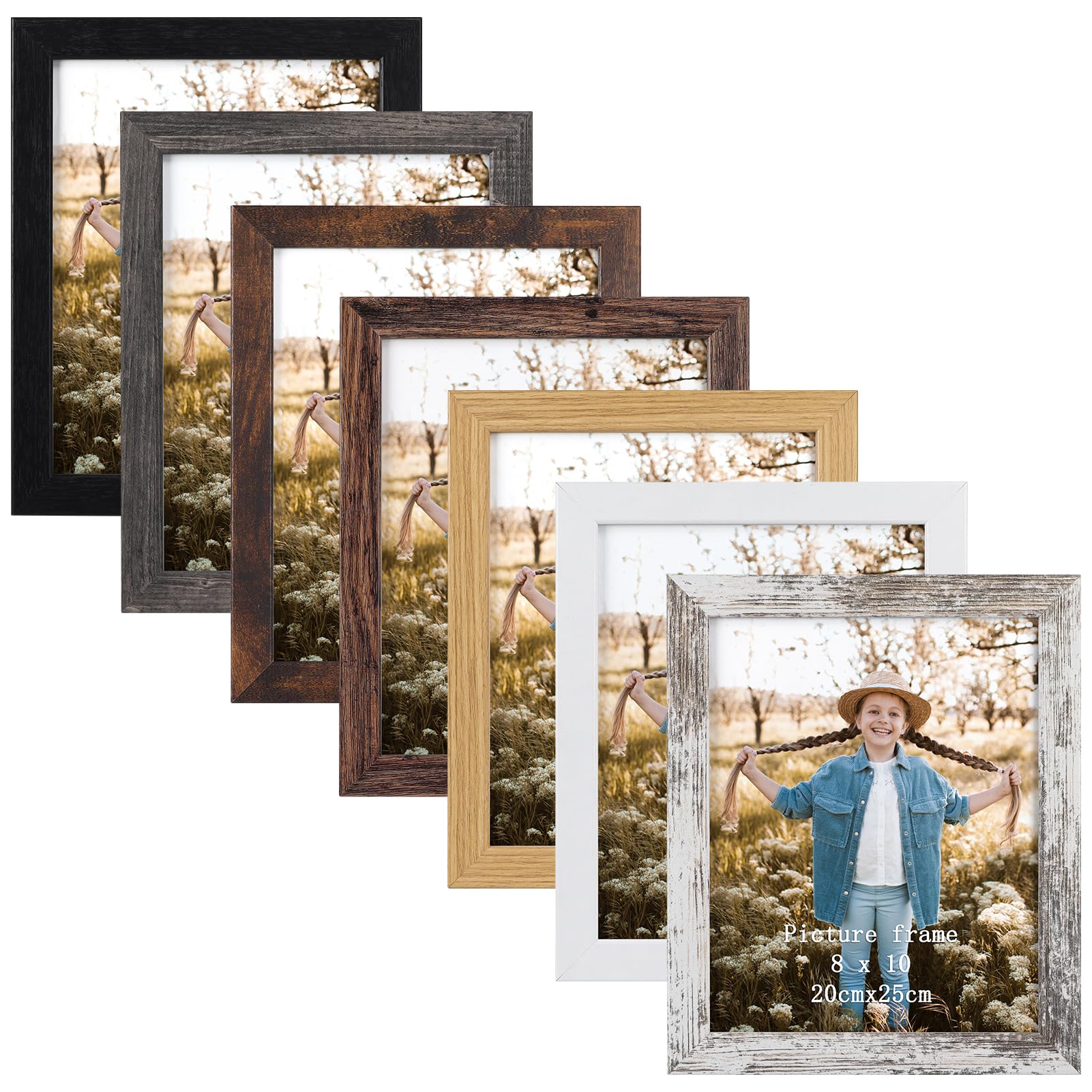 PETAFLOP 8x10 Picture Frame Set of 7 in Multi Color, Distressed Rustic Wooden Frame with HD PS for Wall and Tabletop Display