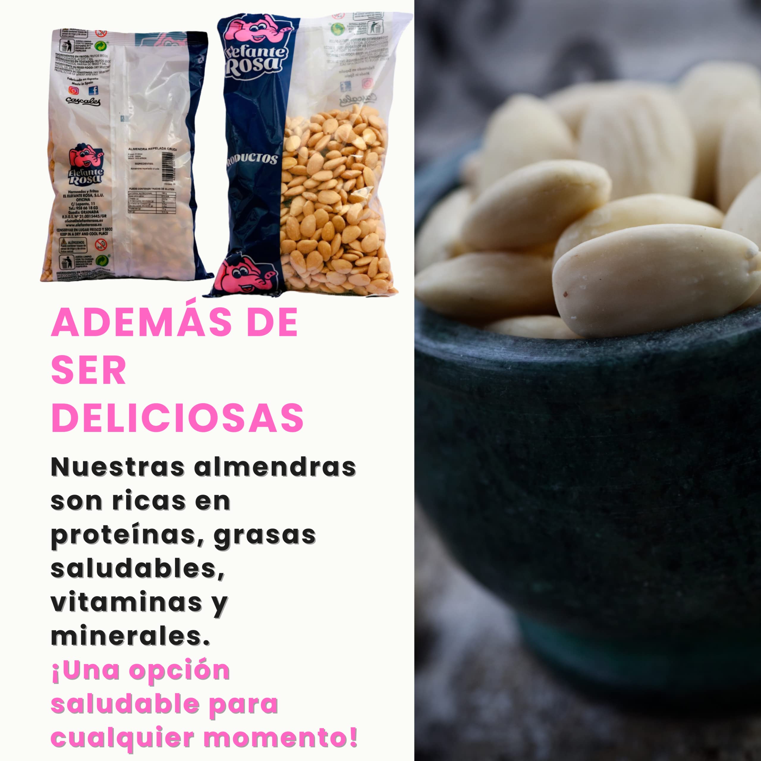 Almendras Peladas Crudas Bolsa de 1 Kg El Elefante Rosa - Fuente Rica y Saludable de Proteínas y Vitaminas - Almendras Naturales Enteras para una Dieta Balanceada y Snack Saludable