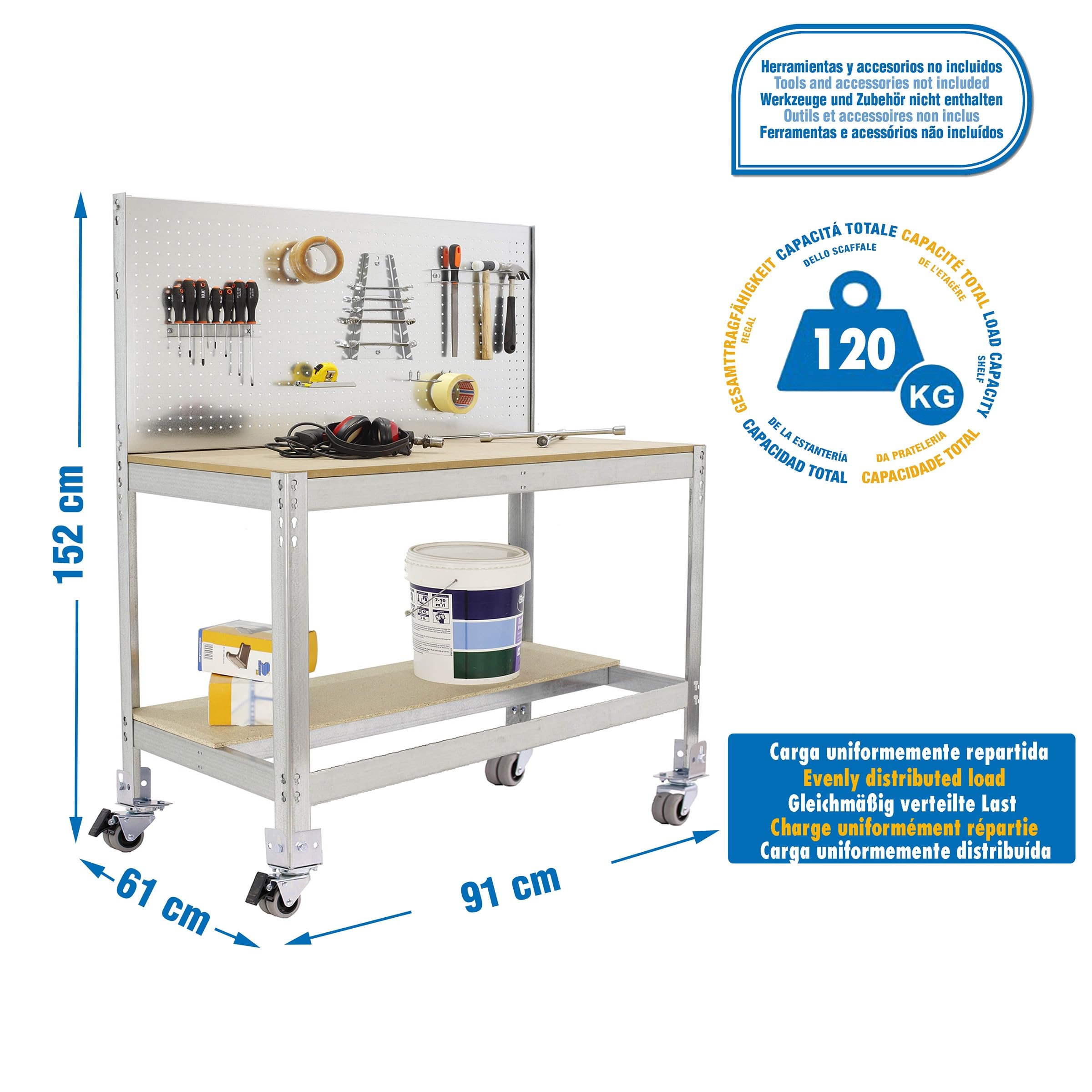 Simon Rack Banco de Trabajo Taller con ruedas 910x610 mm - BT2 | Panel Perforado, Tablero madera 16 mm, Capacidad Carga 120 kg, Galva , Pintura anticorrosión, Montaje sistema clic