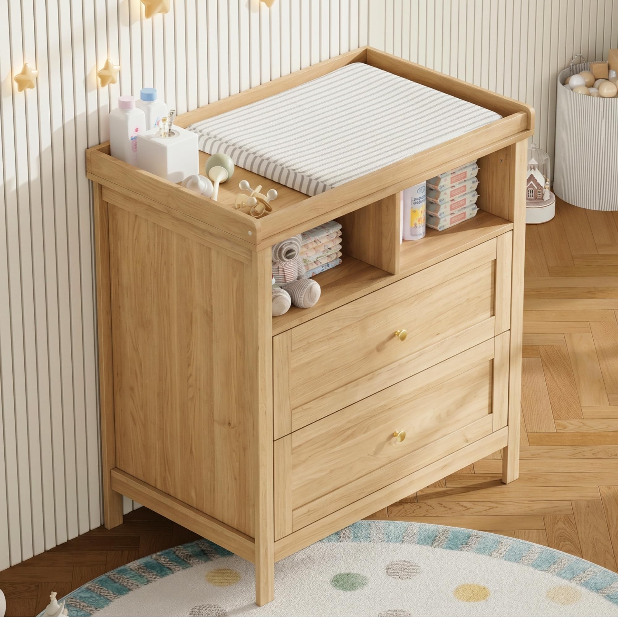 Merax Fasciatoio con fasciatoio multifunzione, fasciatoio per bambini con fasciatoio rimovibile, cassettiera con cassetti e spazio portaoggetti, fasciatoio convertibile, effetto legno, 82 x 50 x 90 cm