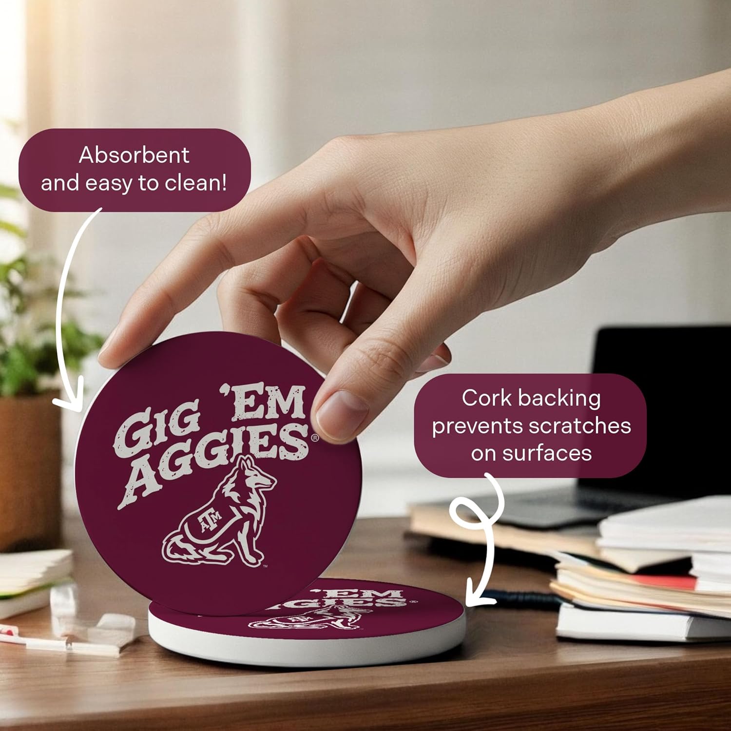 Desert Cactus Texas A&M University Circle Ceramic Coasters 4 Pack Aggies TAMU Absorbent Drink Coasters with Cork Backing (Design E) - Image 5