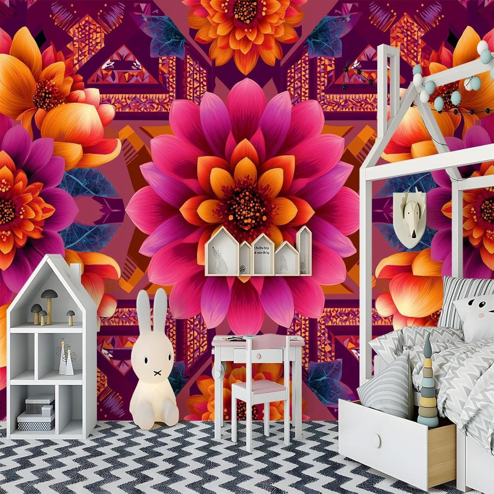 pdghsdkgjh 3D Photo Wallpaper Retro Floral Modern Wall Mural Geometry Lines, Wall Decoration for Living Room Bedroom - Pink Wallpaper, 400cm x 280cm Stickers - Frameless Painting - Poster