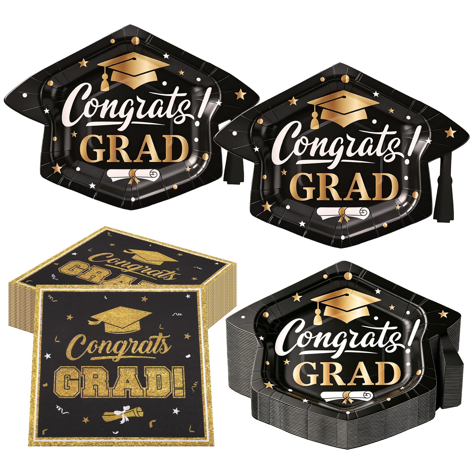 Graduation Party Plates and Napkins, 24 Guests Black Gold Congrats Grad Disposable Tableware Sets, Graduation Cap Shaped Plates & Napkins Sets for Class of 2026 Graduation Party Decorations