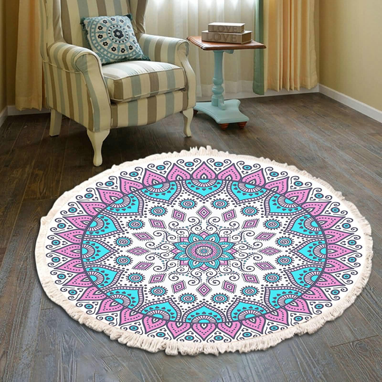 Gualiy Dywan boho, okrągły dywan 120 cm, mandala, kwiatowy wzór z frędzlami, dywan podłogowy do salonu, pralni, pokoju zabaw dla dzieci