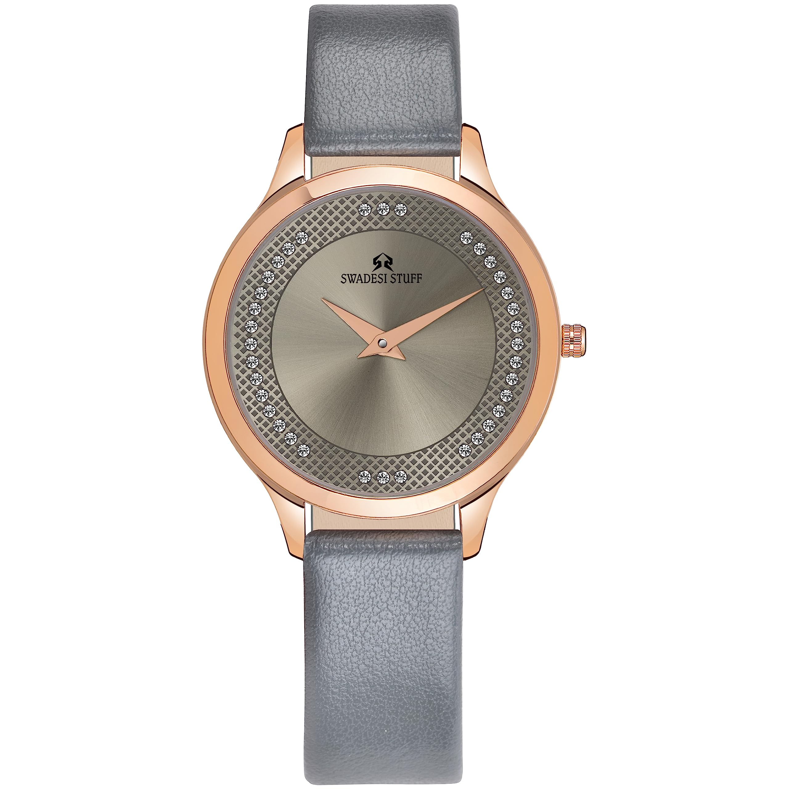 SWADESI STUFF Stefanos Diamond Ring Dial Premium & Luxurious Genuine Leather Grey Strap Analog Watch for Women (B0C7H3WXGS) Amazon Price History, Amazon Price Tracker