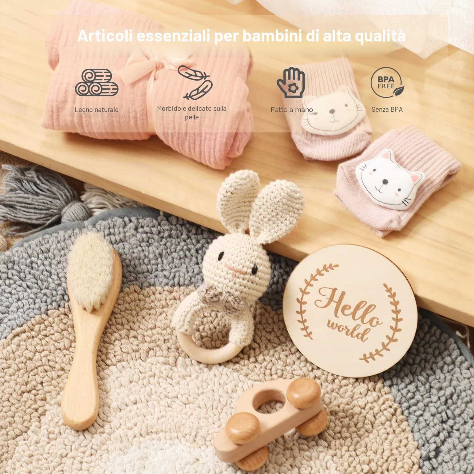 Youuys 7 Pezzi Regalo Set per Neonato, Regalo per Bambino e Bambina, Asciugamano da Bagno, Sonaglio, Giocattolo in Legno, Cartoline, Calzini, Spazzola, Baby Shower (Coniglio Beige)