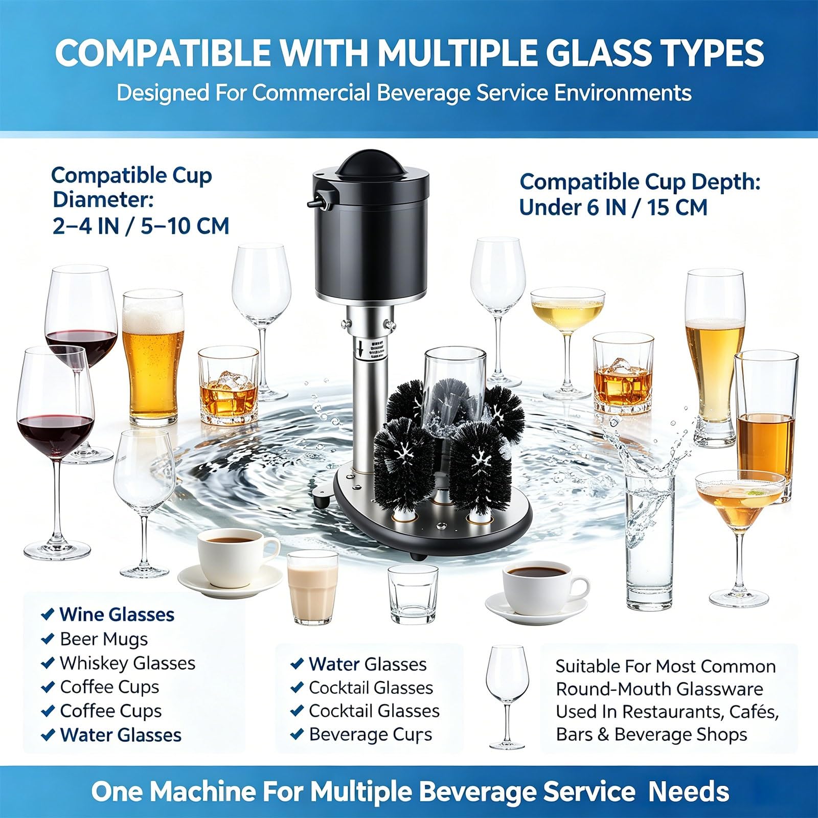 Limpiador De Vasos Profesional De Acero Inoxidable, Máquina Lavavasos Eléctrica Con 5 Cepillos Rotativos Para Bar, Cafetería, Hotel Y Cocina Comercial
