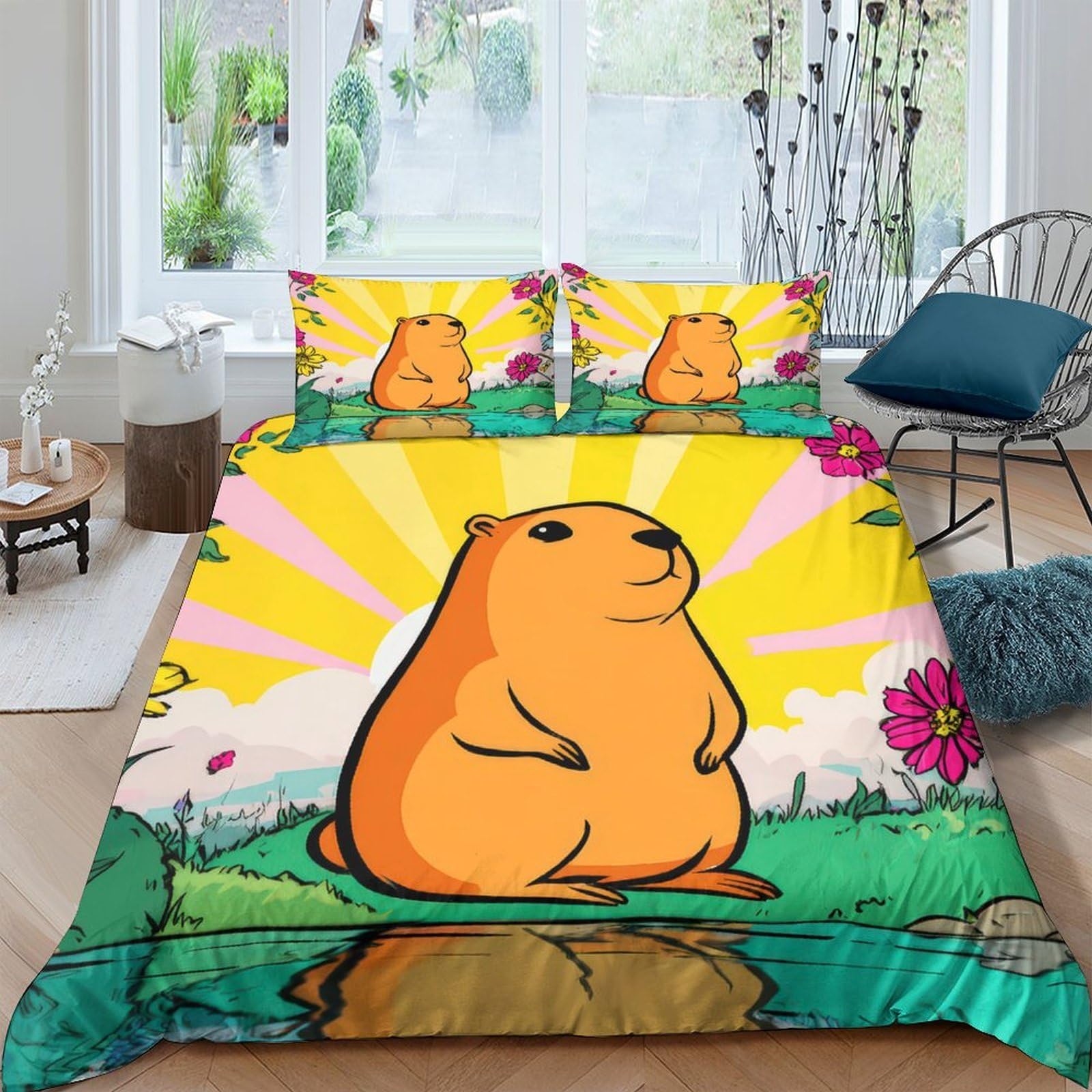 Ctjqhvkz Style-6 3D Printed Cute Capybara Fitted Sheet Microfiber Cartoon Sunshine Flowers Mattress Cover For Bedroom Guestroom Decor Single（135X200cm）