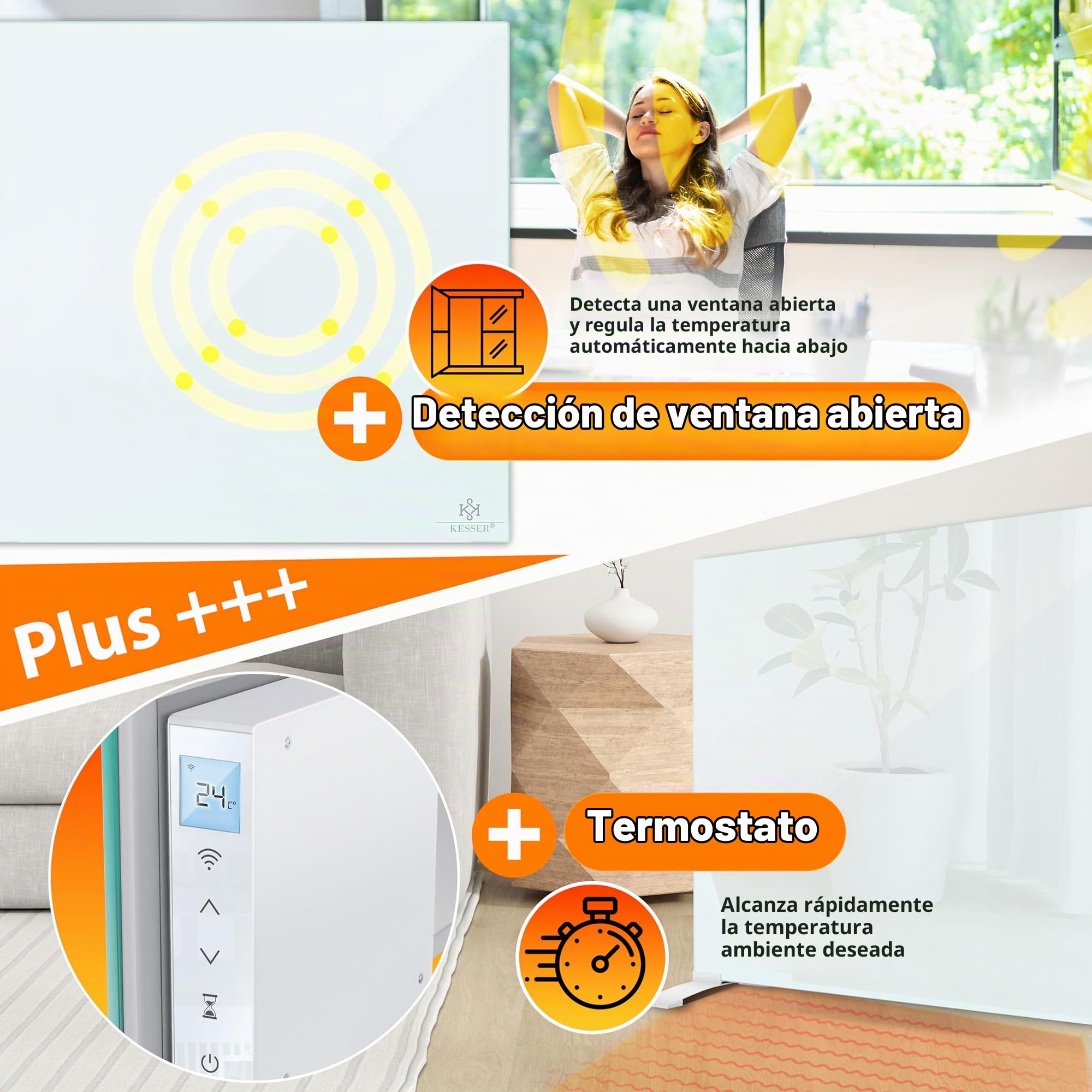 KESSER® Calefactor de Infrarrojos 600W, Convector de Cristal, 2en1 Unidad de Pie y Montaje en Pared, Detección de Ventana Abierta + Mando a Distancia y Control por App, Termostato, Blanco