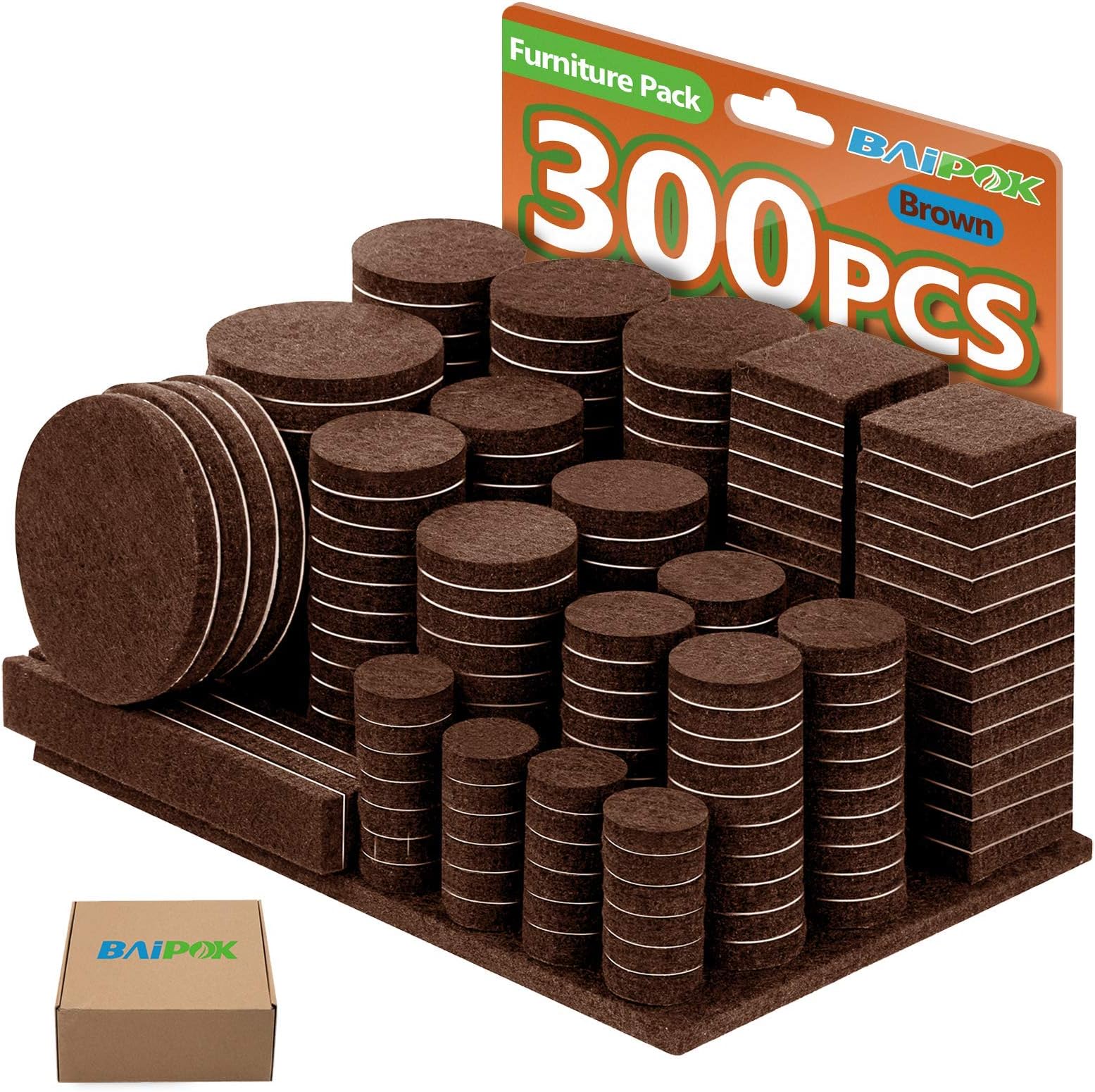 Felt Furniture Pads 300 Pack 5mm Thick Furniture Felt Pads Self Adhesive Anti Scratch Furniture Floor Protectors on Hardwood Tile Floors with 60 Pcs Cabinet Door Bumpers, Brown