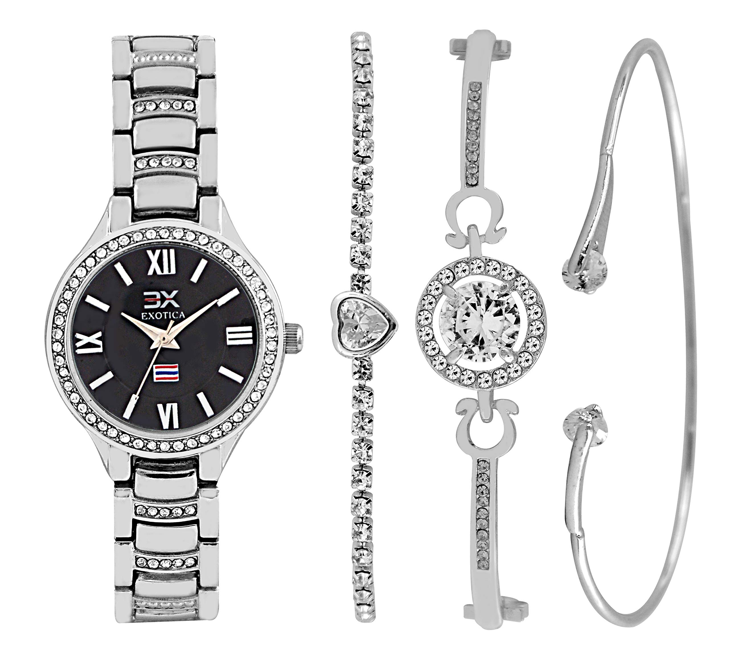 Exotica Fashions Womens Swarovski Crystal Accented Texture Bangle Watch and Bracelet Set (Pack of 4) (B08DNJX5Q5) Amazon Price History, Amazon Price Tracker