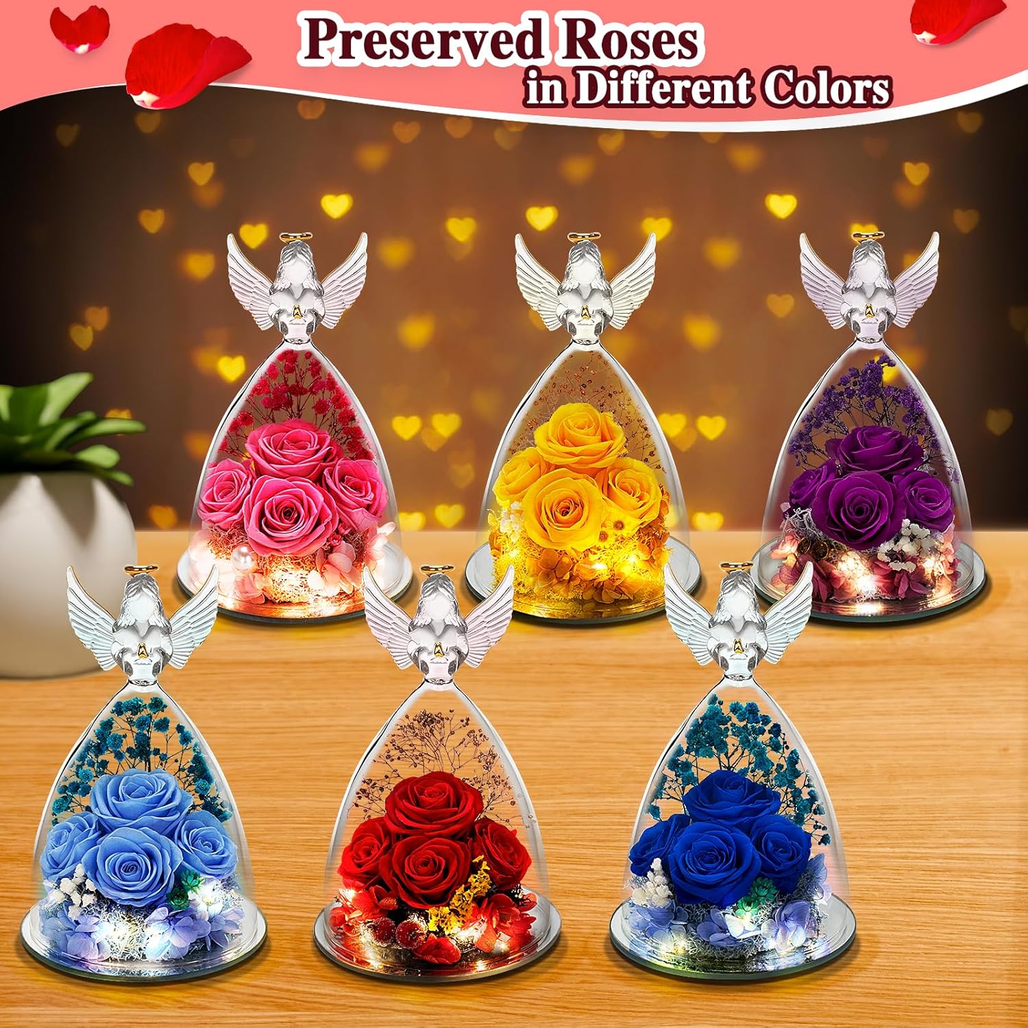 YEEBAY Preserved Flowers Rose, for Mom, Wife Grandma, Angel Figurine with Rose and Light, Ideal Christmas, Anniversary, Wedding, Valentine's Day, Birthday Gift for Her, Women