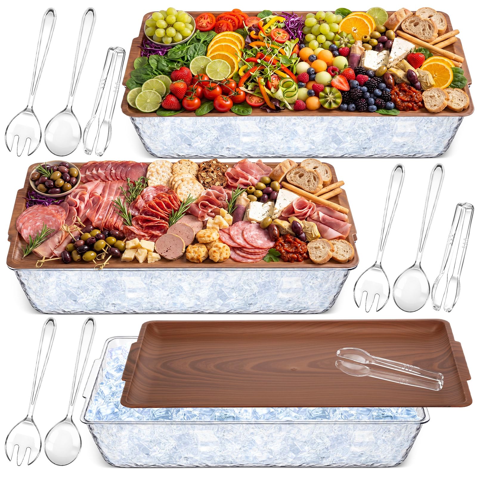 Photo 1 of Baderke 3 Set 16" x 9" Chilled Serving Tray for Parties with Compartments Ice Chilled Party Crudite Platter Charcuterie Serving Board Cold Dish Dip Tableware for Seafood Vegetable (Dark Wood)