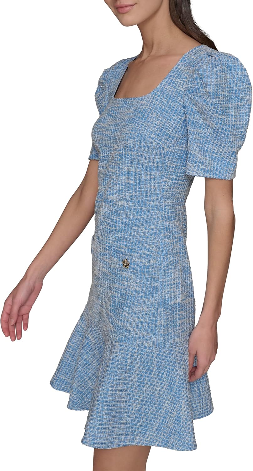 Karl Lagerfeld Womens Puff Sleeve Swaure Neck Flounce Tweed A-line Mini Dress - Image 3