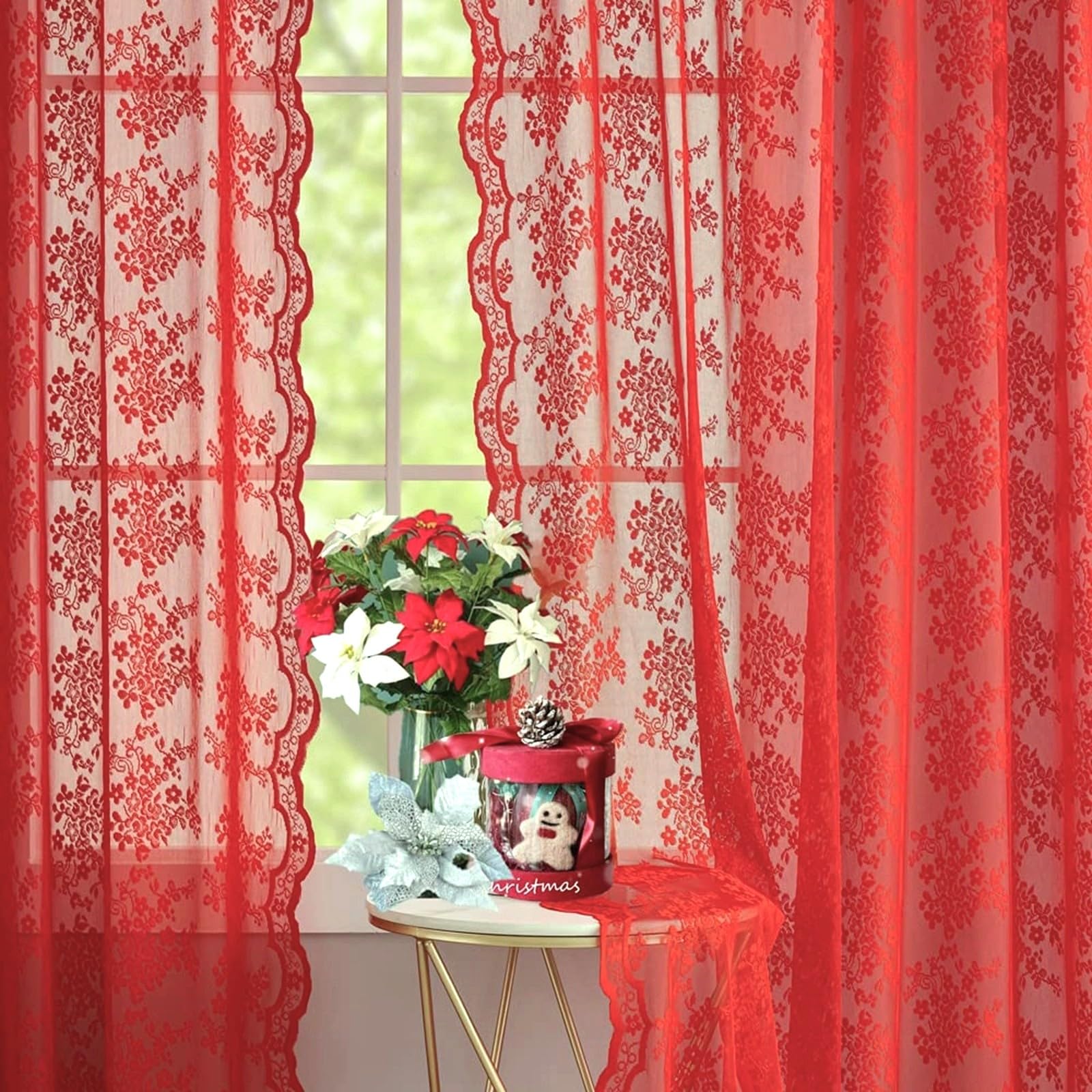 YJ YANJUN Christmas Sheer Curtains 90 Inches Long 2 Panels Vintage Floral Red Lace Curtains for Living Room Rod Pocket Wedding Party Xmas Christmas Holiday Decor 52" W x 90" L
