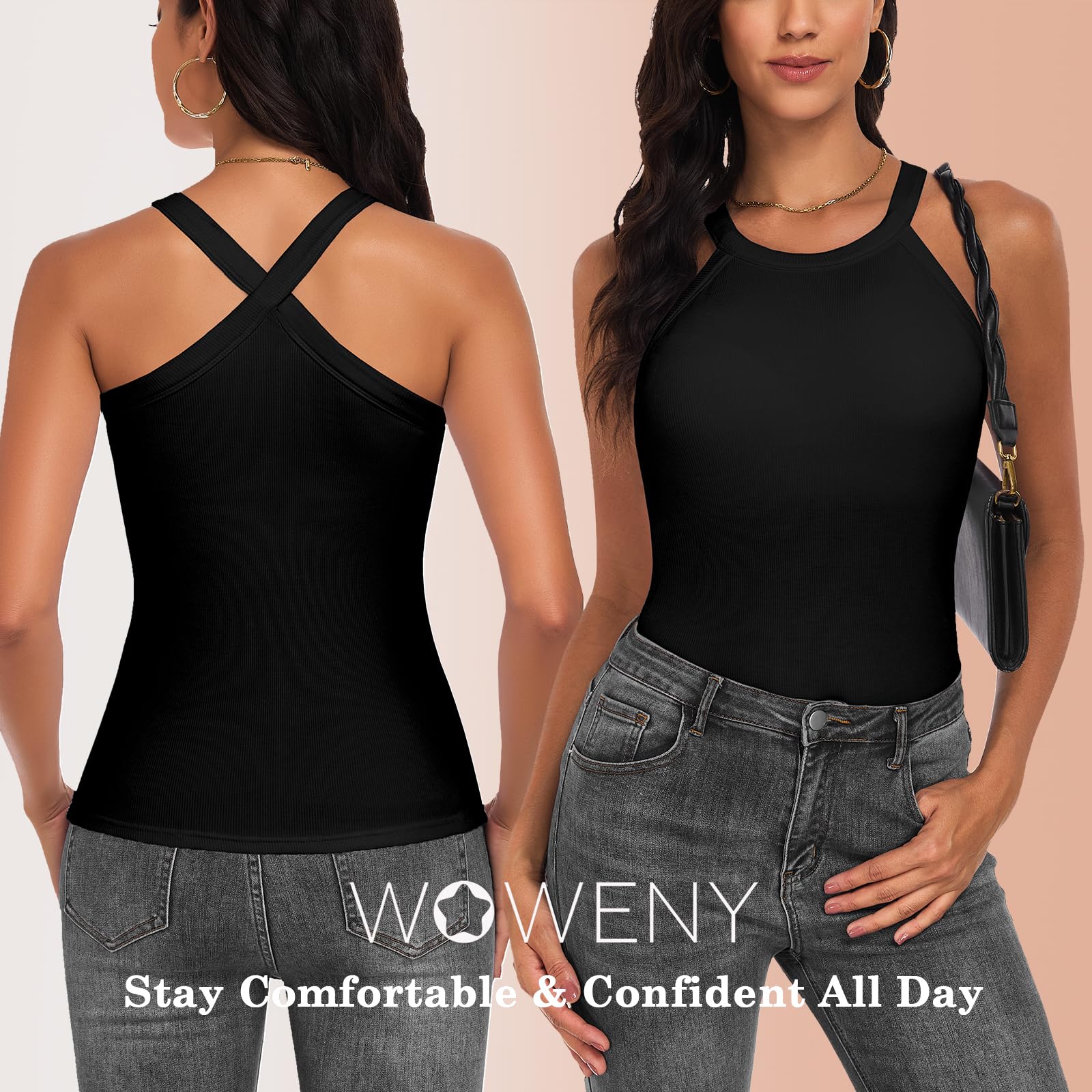 WOWENY Damen Unterhemd BH-Hemd Sexy Basic U-Ausschnitt Eingebauter BH Bügelloser Criss-Cross Back Gepolstert Tank Tops