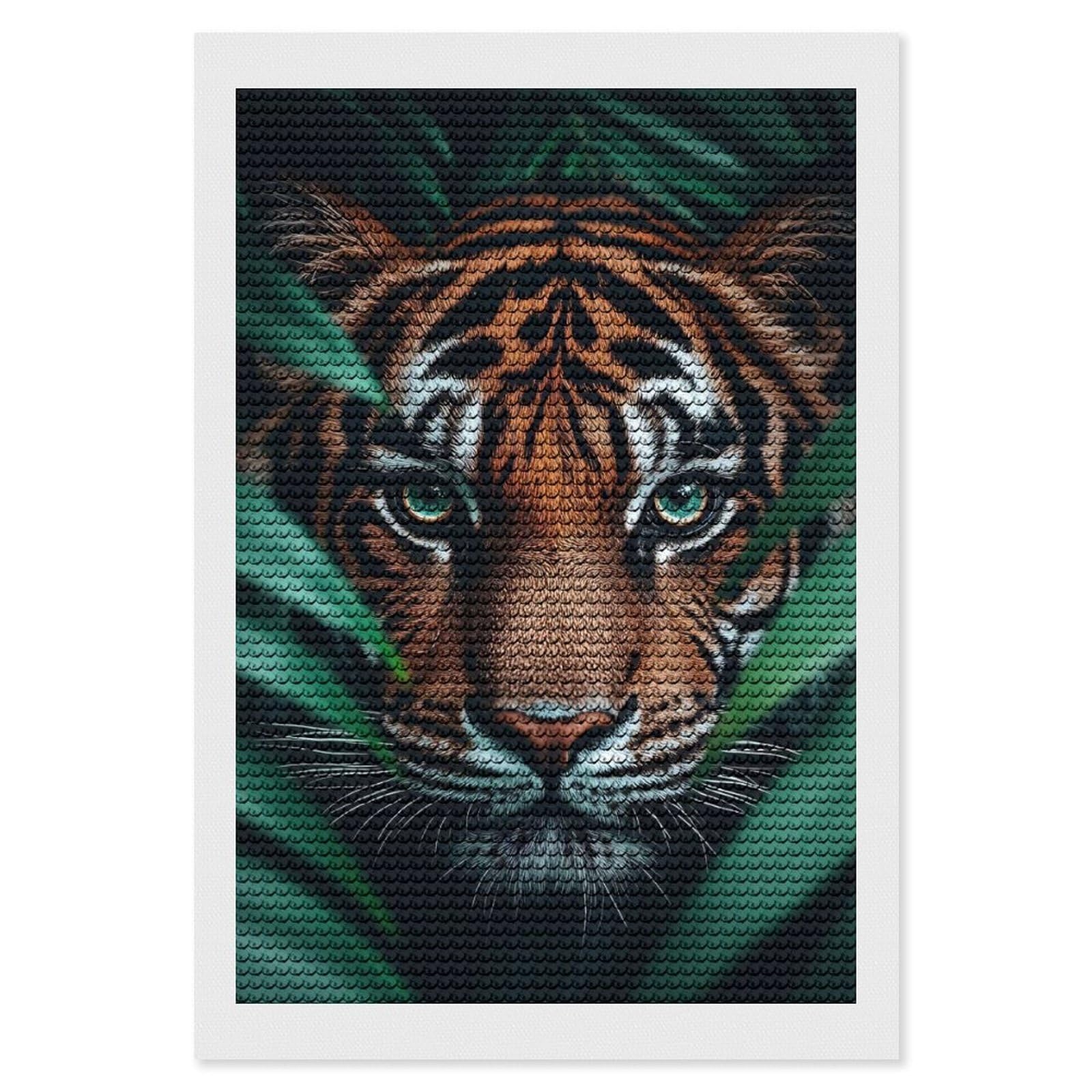 Junmoney Tiger Portrait in The Jungle Foliage Diamond Painting Canvas Kit 8"x12", Leisure Activity, Aesthetic Room Decor, with Tool Kit, DIY, Gift