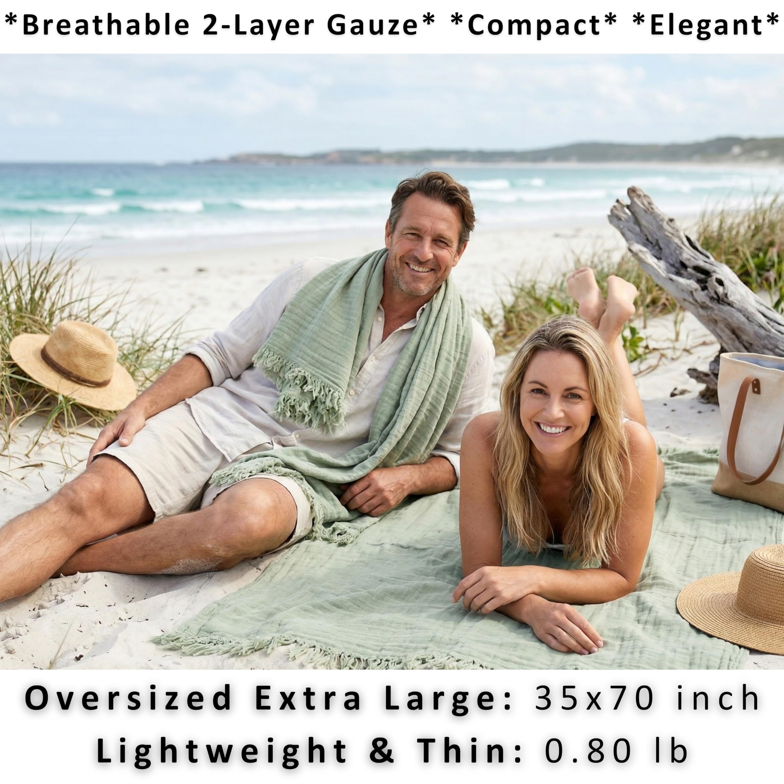 Puskul - Asciugamani da bagno in mussola in mussola, confezione da 2, leggeri e leggeri – oversize 33 x 67, 100% cotone organico turco in mussola per adulti (verde ghiaccio)