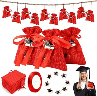 Kit de Bolsita Tela para Regalo, 30PCS Bolsita de Tela Roja+30pcs Colgante Sombrero de Graduación + 50pcs Mariquitas + Cinta Roja Bolsa Regalo para Fiesta de Graduación, Joyas/Regalo de Fiesta