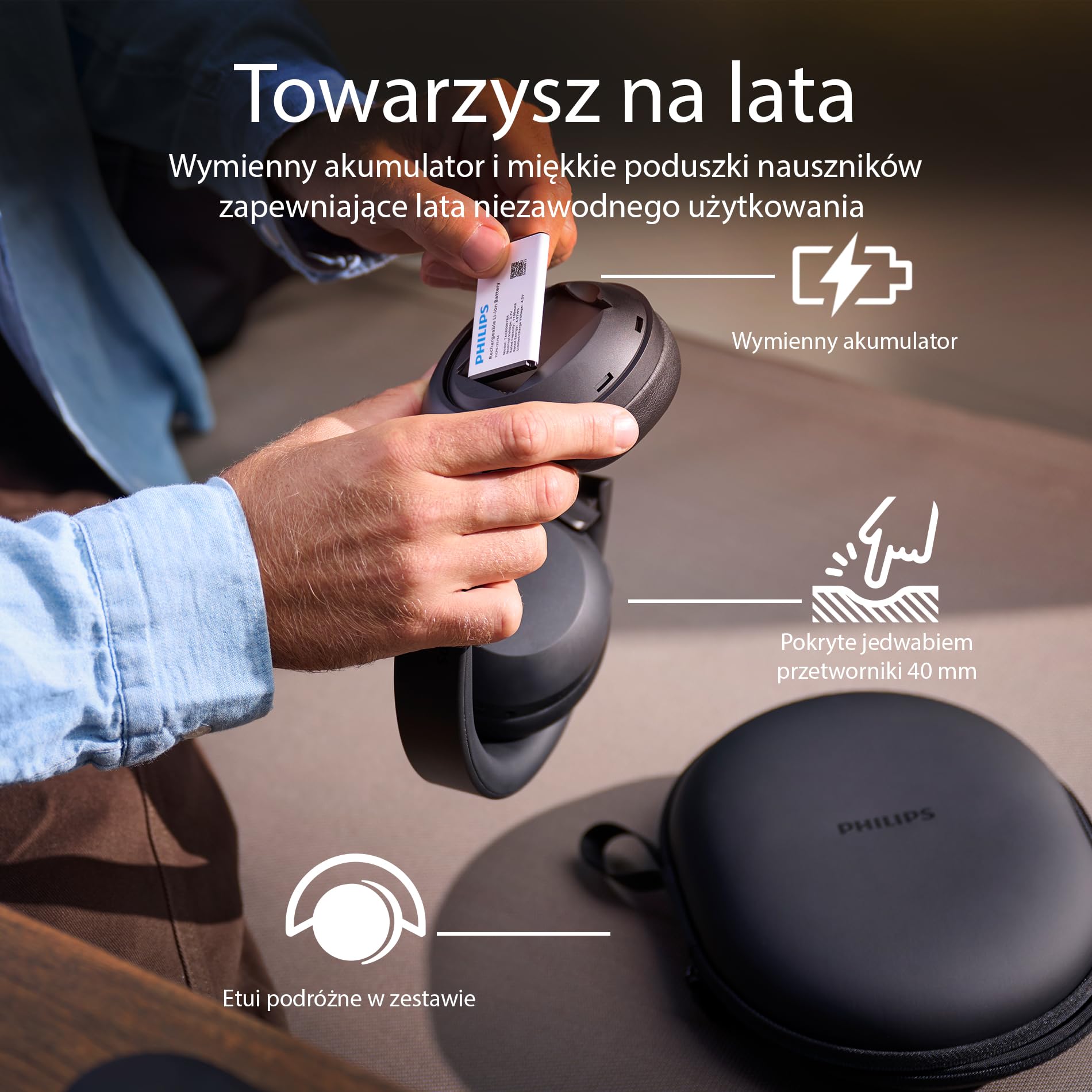 Philips TAH8000EBK/00 Bezprzewodowe słuchawki nauszne Bluetooth, redukcja szumów, czas odtwarzania 70 godzin, kompatybilne z asystentem głosowym, idealne do podróży, czarne
